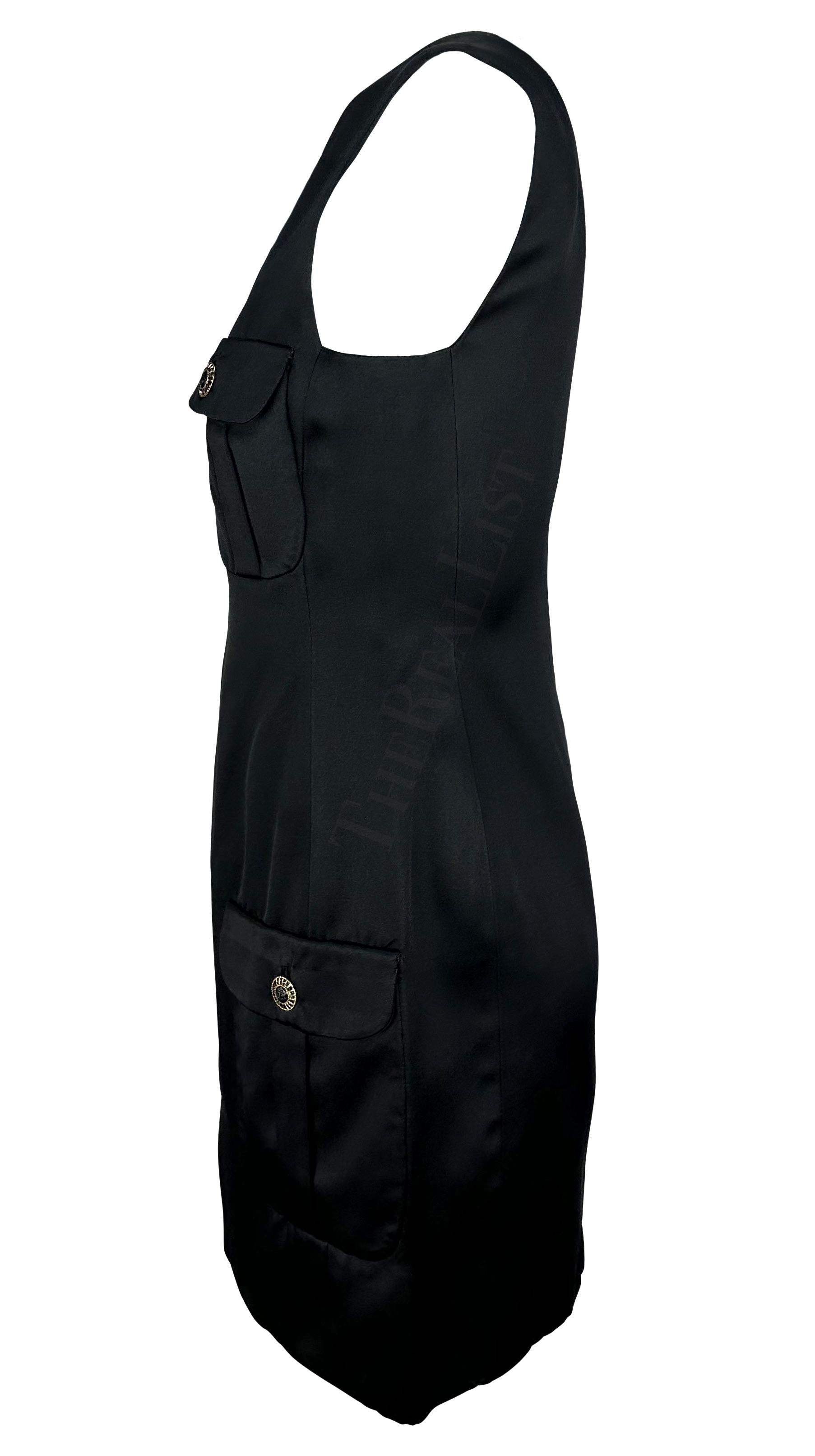 F/W 1996 Gianni Versace Rhinestone Medusa Pocket Black Satin Mini Dress en vente 1