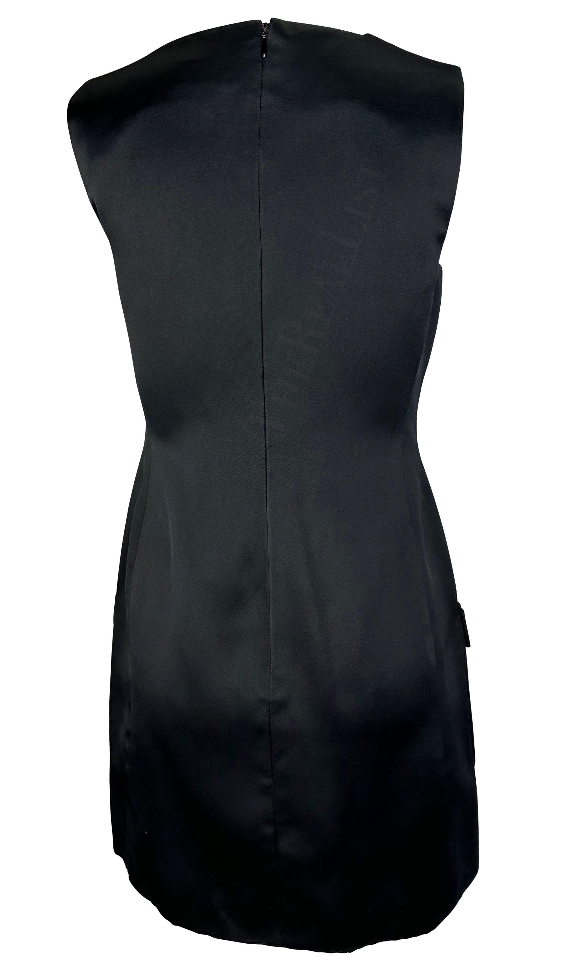 F/W 1996 Gianni Versace Rhinestone Medusa Pocket Black Satin Mini Dress For Sale 2