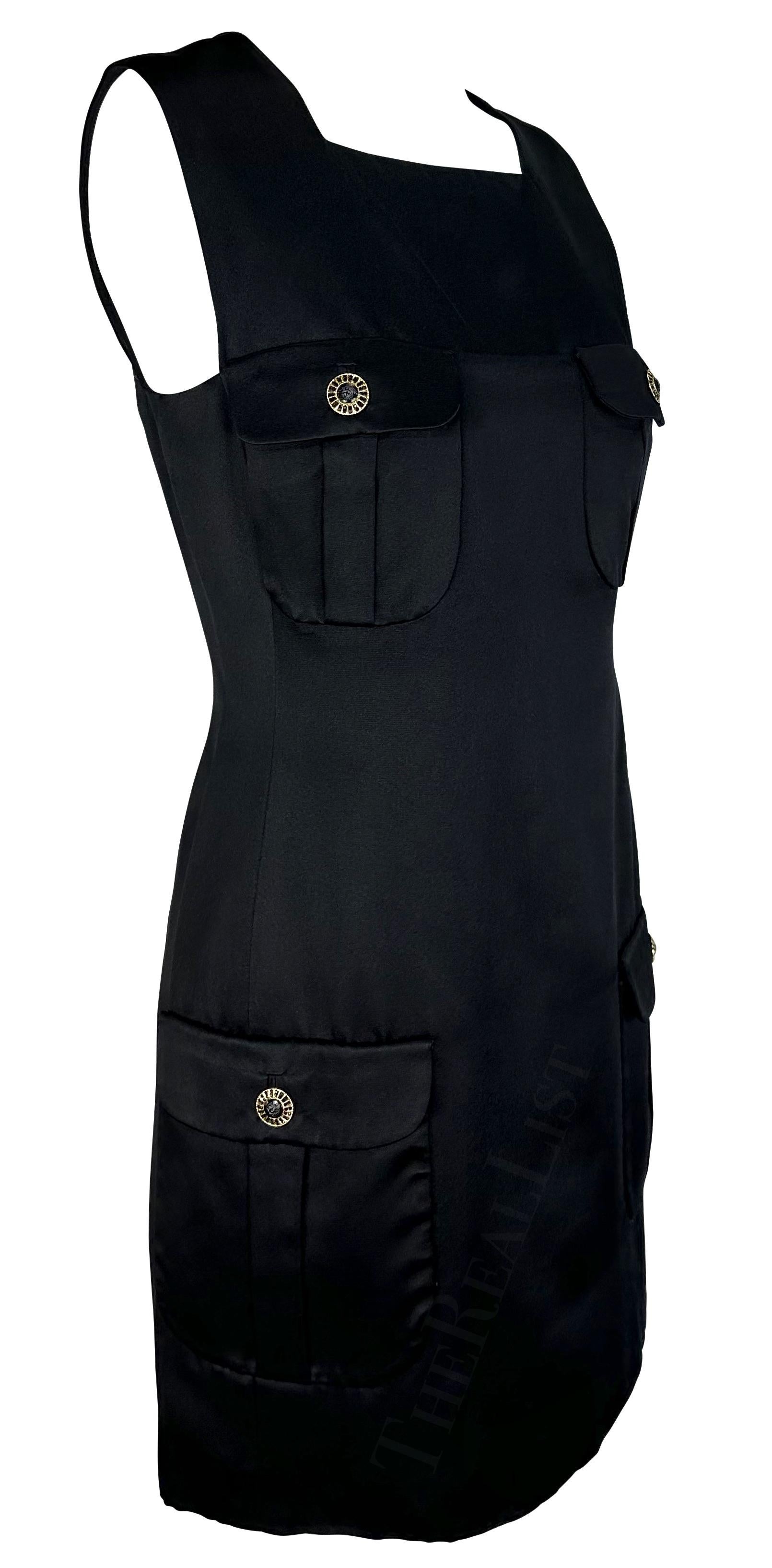 F/W 1996 Gianni Versace Rhinestone Medusa Pocket Black Satin Mini Dress en vente 4