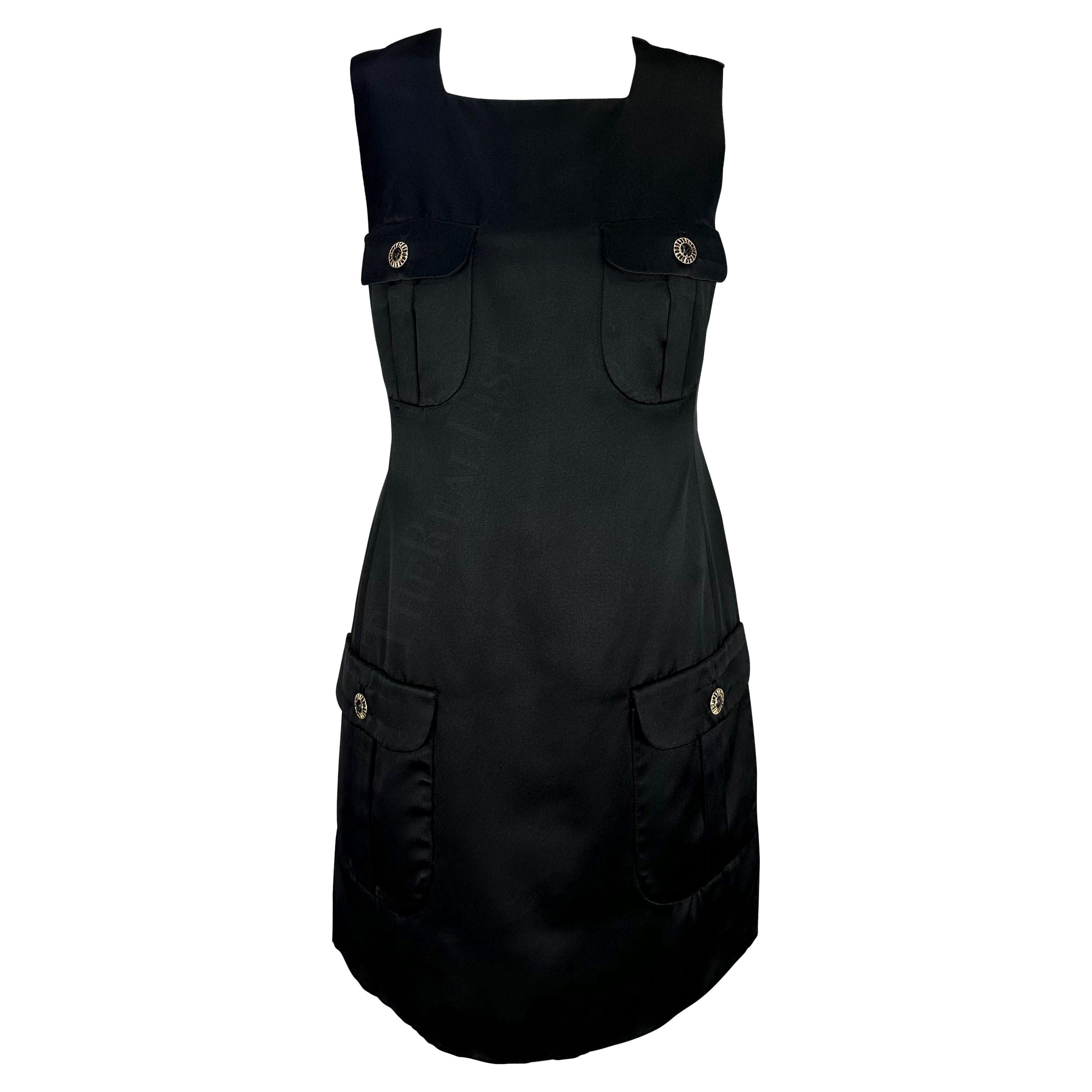 F/W 1996 Gianni Versace Rhinestone Medusa Pocket Black Satin Mini Dress en vente