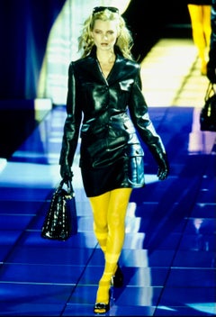 F/W 1996 Gianni Versace Runway Black Leather Medusa Pocket Mini Skirt