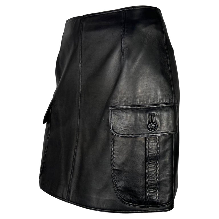 F/W 1996 Gianni Versace Runway Black Leather Medusa Pocket Mini Skirt ...