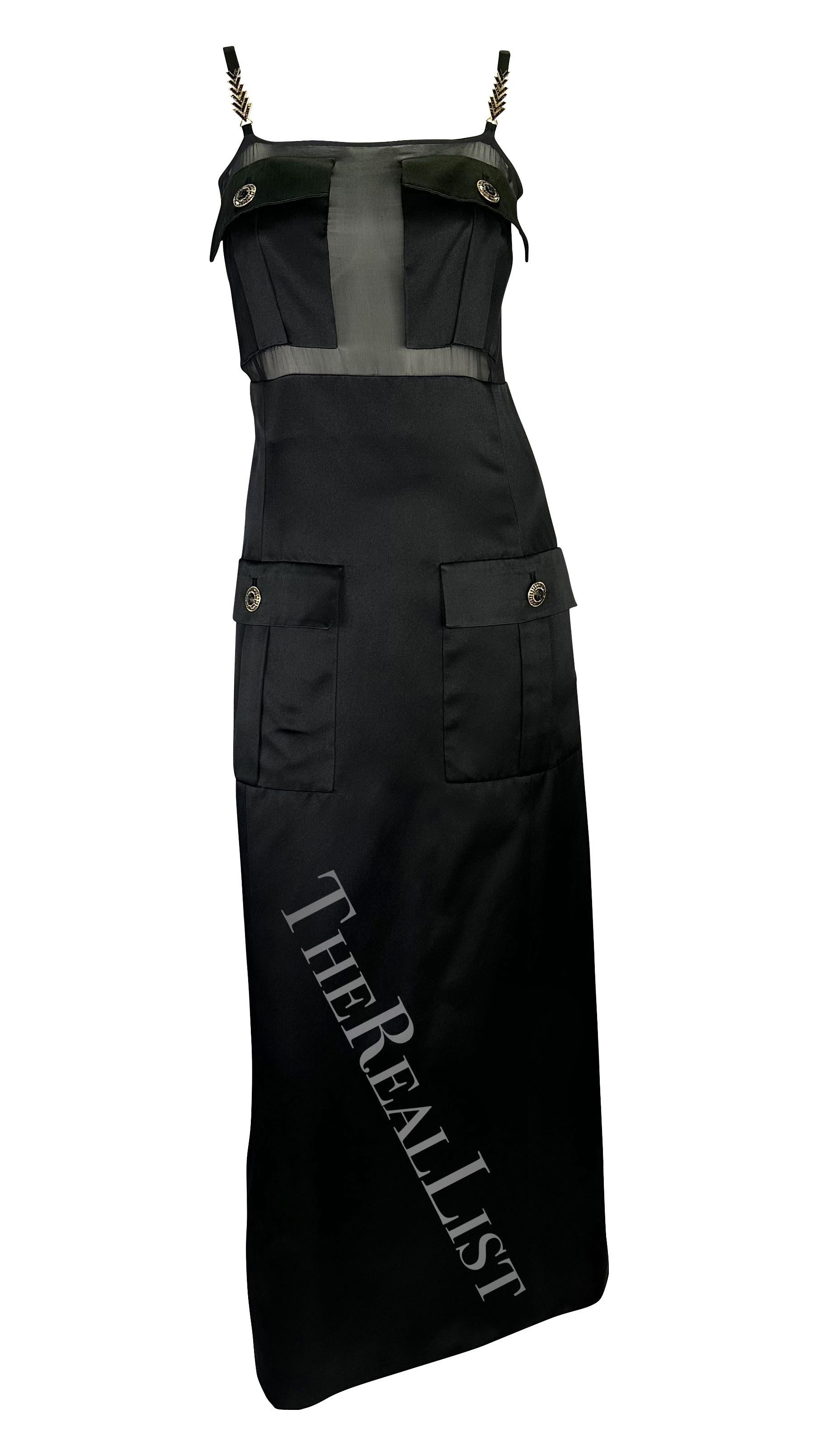 F/W 1996 Gianni Versace Runway Black Sheer Satin Rhinestone Medusa Pocket Gown In Excellent Condition For Sale In West Hollywood, CA