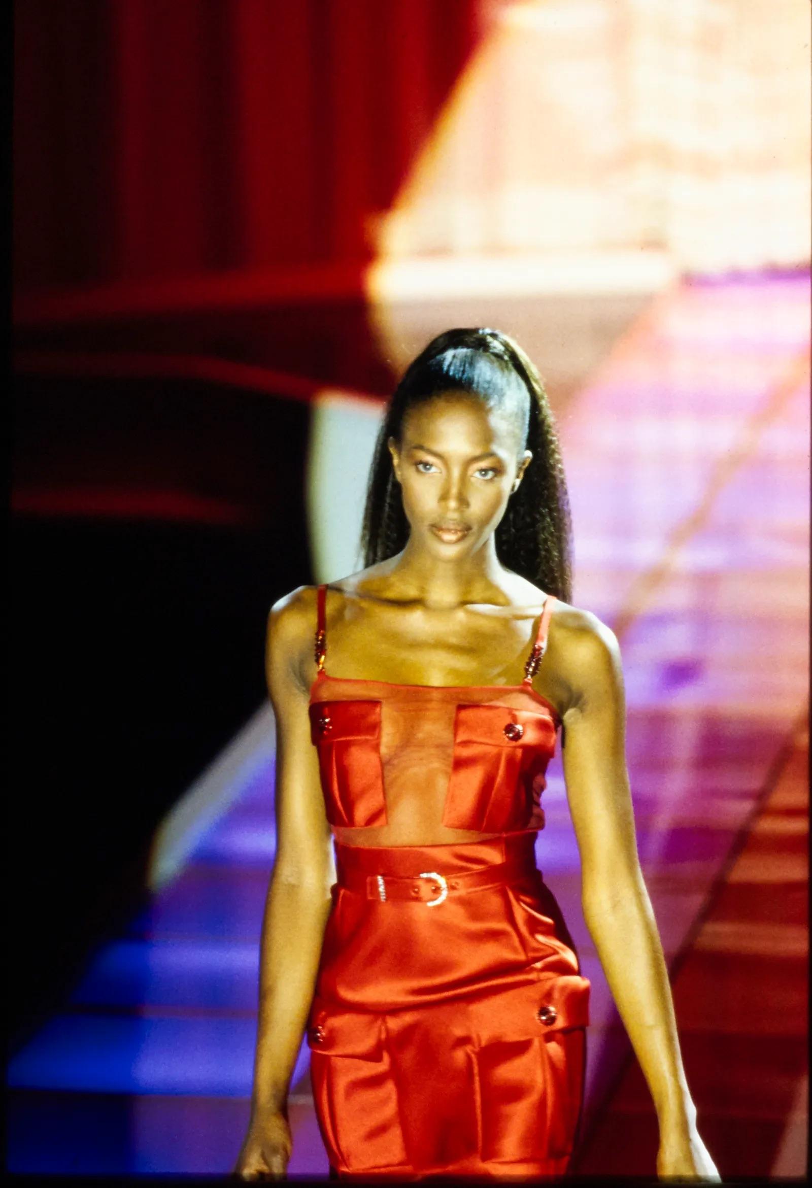 Women's F/W 1996 Gianni Versace Runway Black Sheer Satin Rhinestone Medusa Pocket Gown For Sale