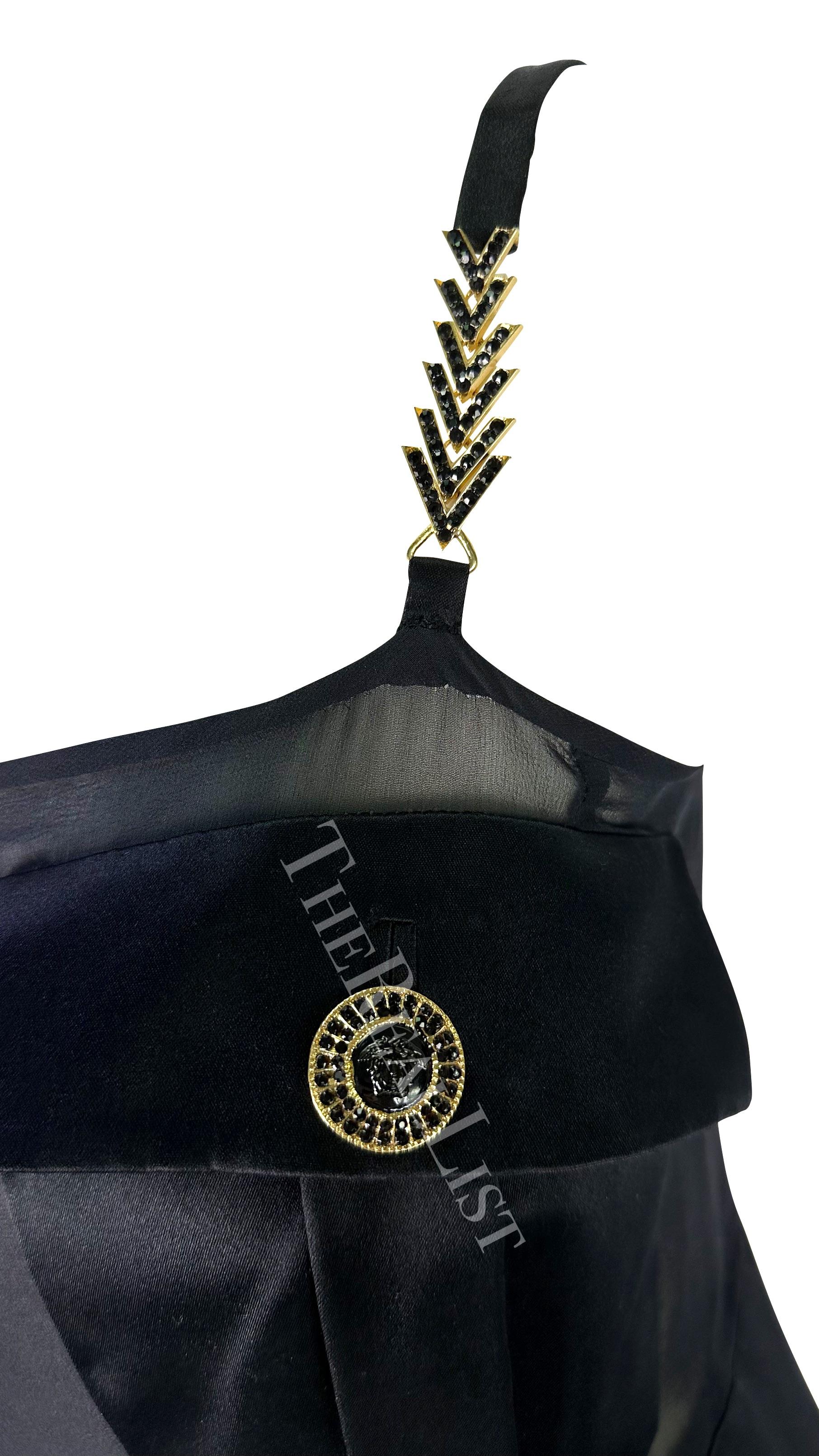 F/W 1996 Gianni Versace Runway Black Sheer Satin Rhinestone Medusa Pocket Gown For Sale 1