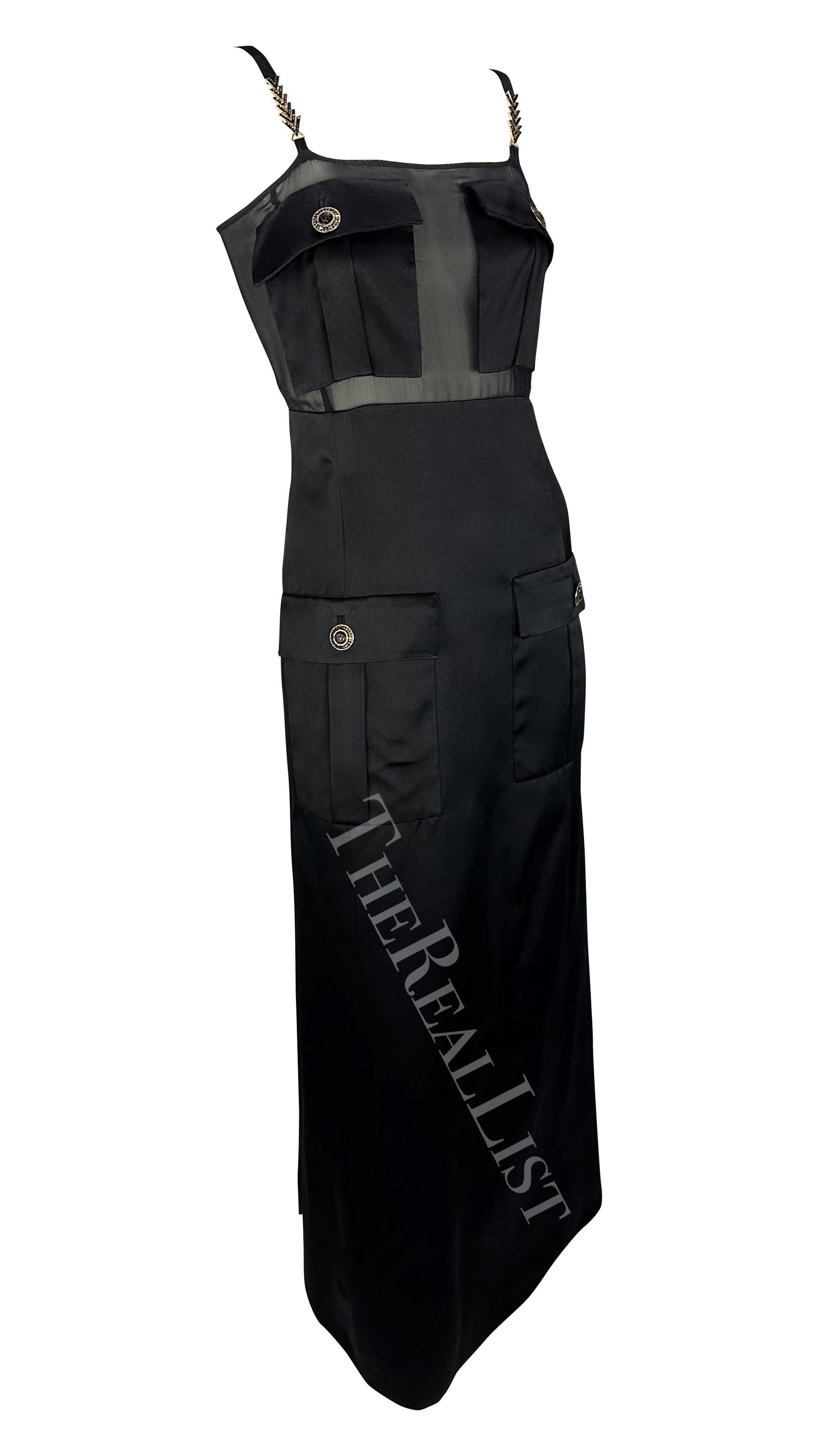 F/W 1996 Gianni Versace Runway Black Sheer Satin Rhinestone Medusa Pocket Gown For Sale 2