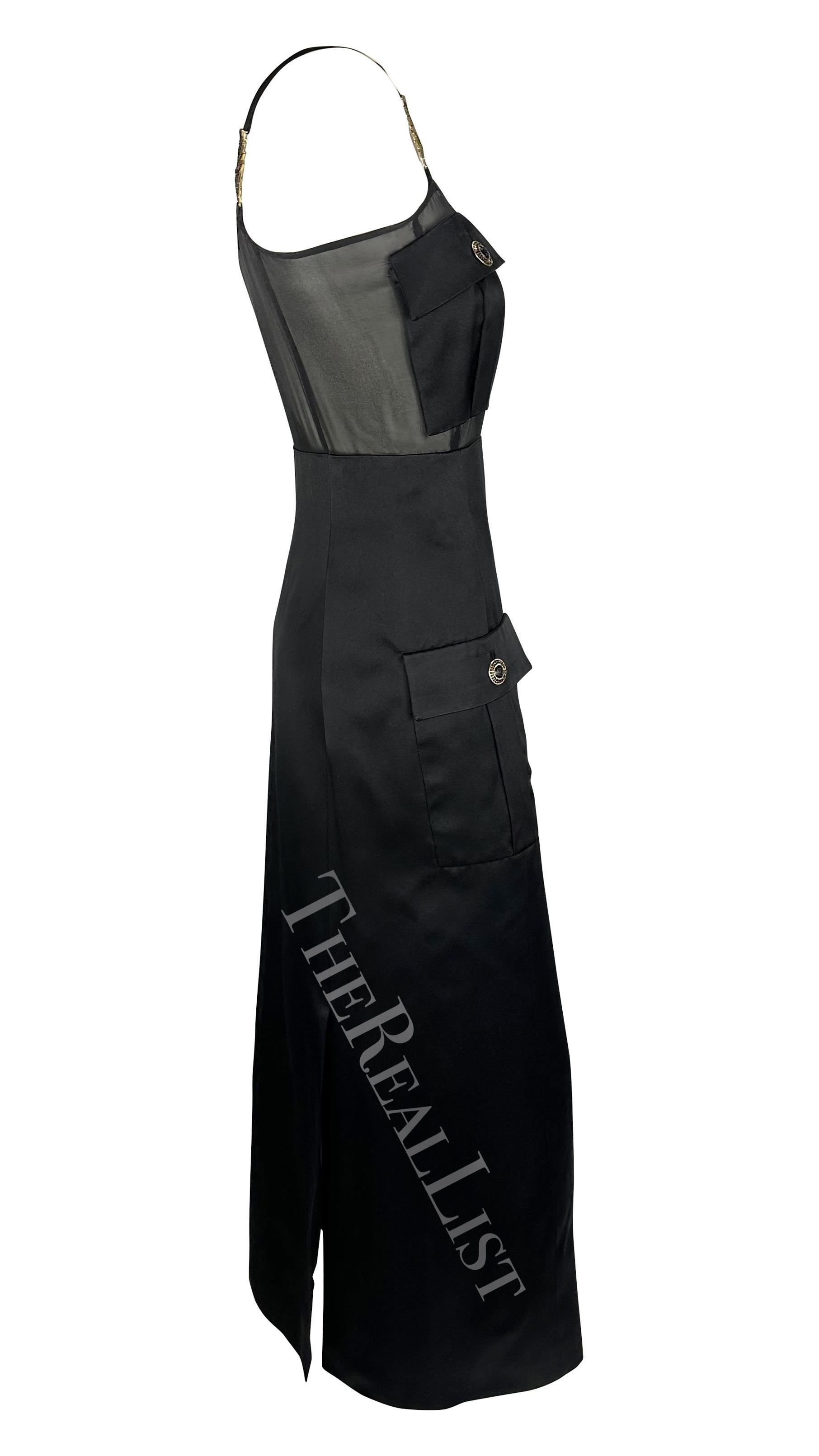 F/W 1996 Gianni Versace Runway Black Sheer Satin Rhinestone Medusa Pocket Gown For Sale 3