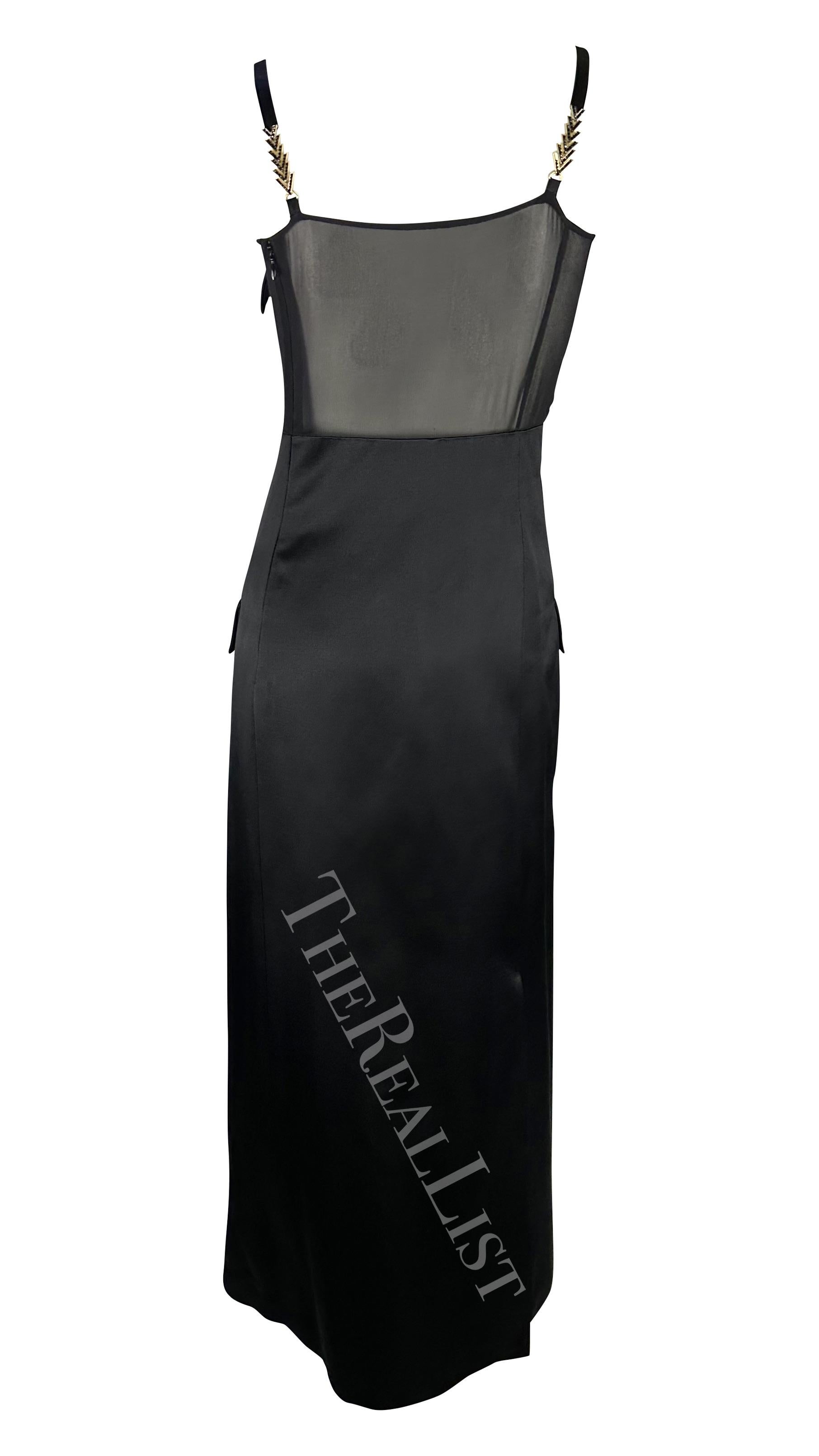 F/W 1996 Gianni Versace Runway Black Sheer Satin Rhinestone Medusa Pocket Gown For Sale 4