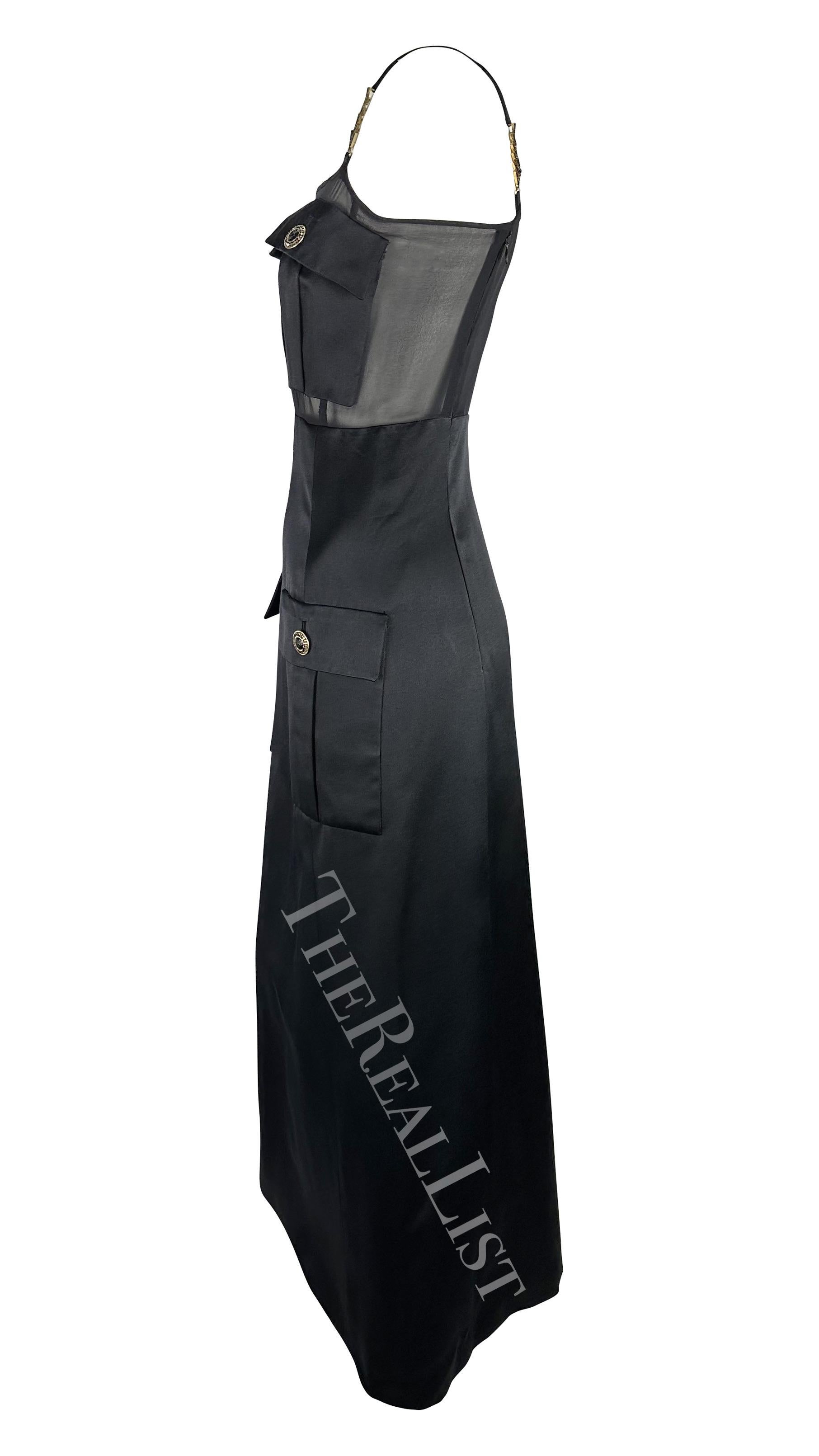 F/W 1996 Gianni Versace Runway Black Sheer Satin Rhinestone Medusa Pocket Gown For Sale 5