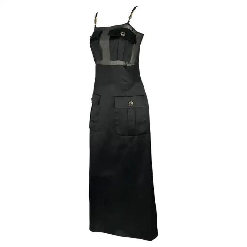 H/W 1996 Gianni Versace Laufsteg Schwarzes durchsichtiges Satin-Kleid mit Strass und Medusa-Taschen
