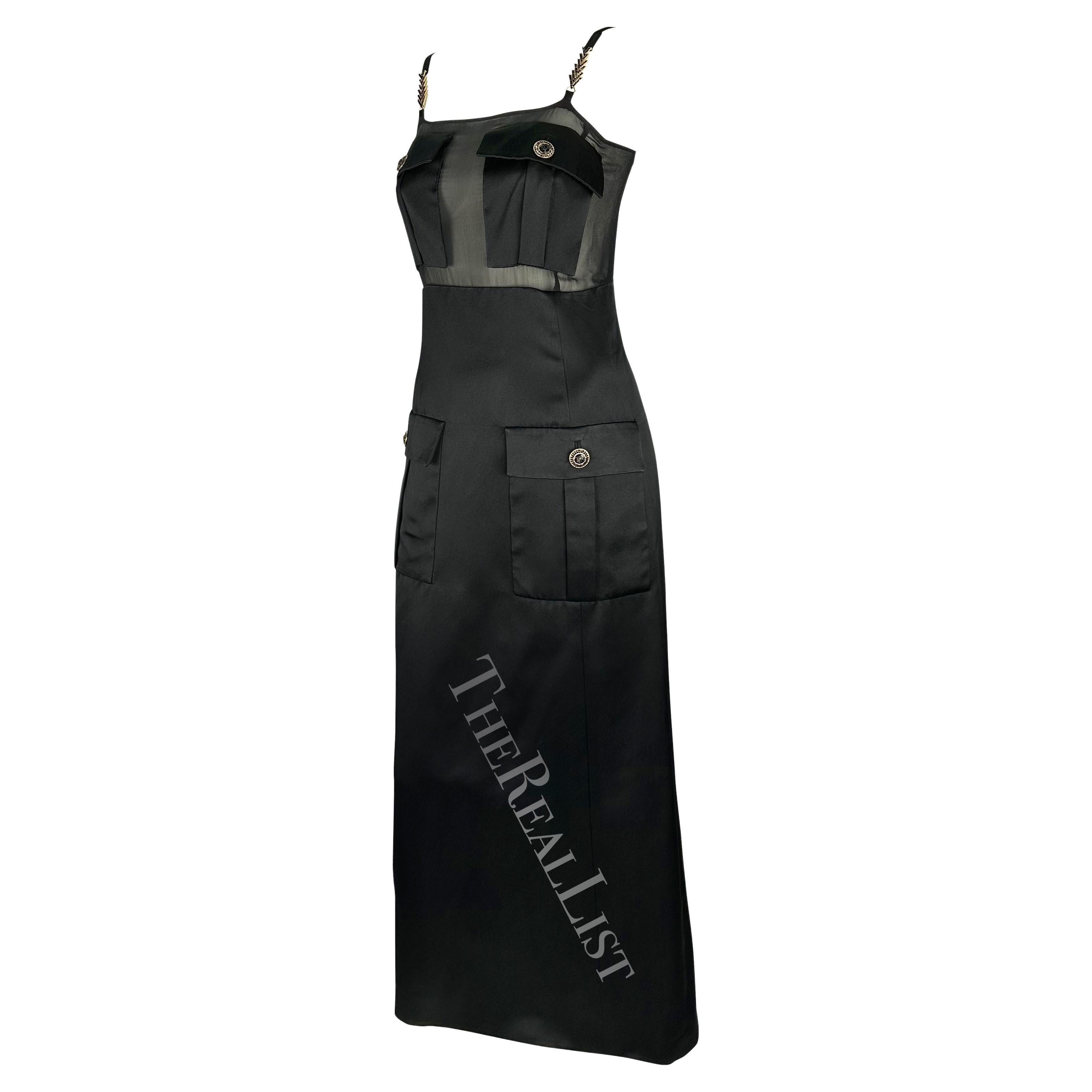 F/W 1996 Gianni Versace Runway Black Sheer Satin Rhinestone Medusa Pocket Gown For Sale