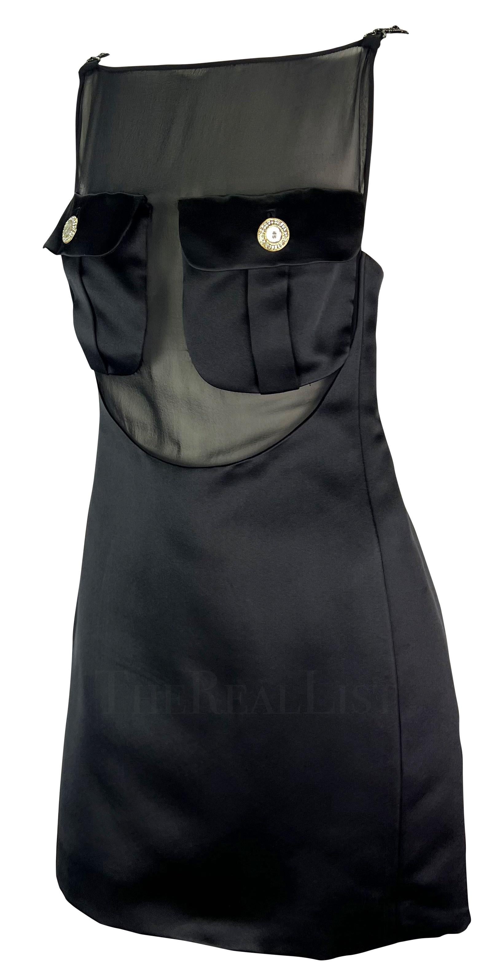 F/W 1996 Gianni Versace Runway Sheer Satin Rhinestone Medusa Pocket Mini Dress For Sale 1