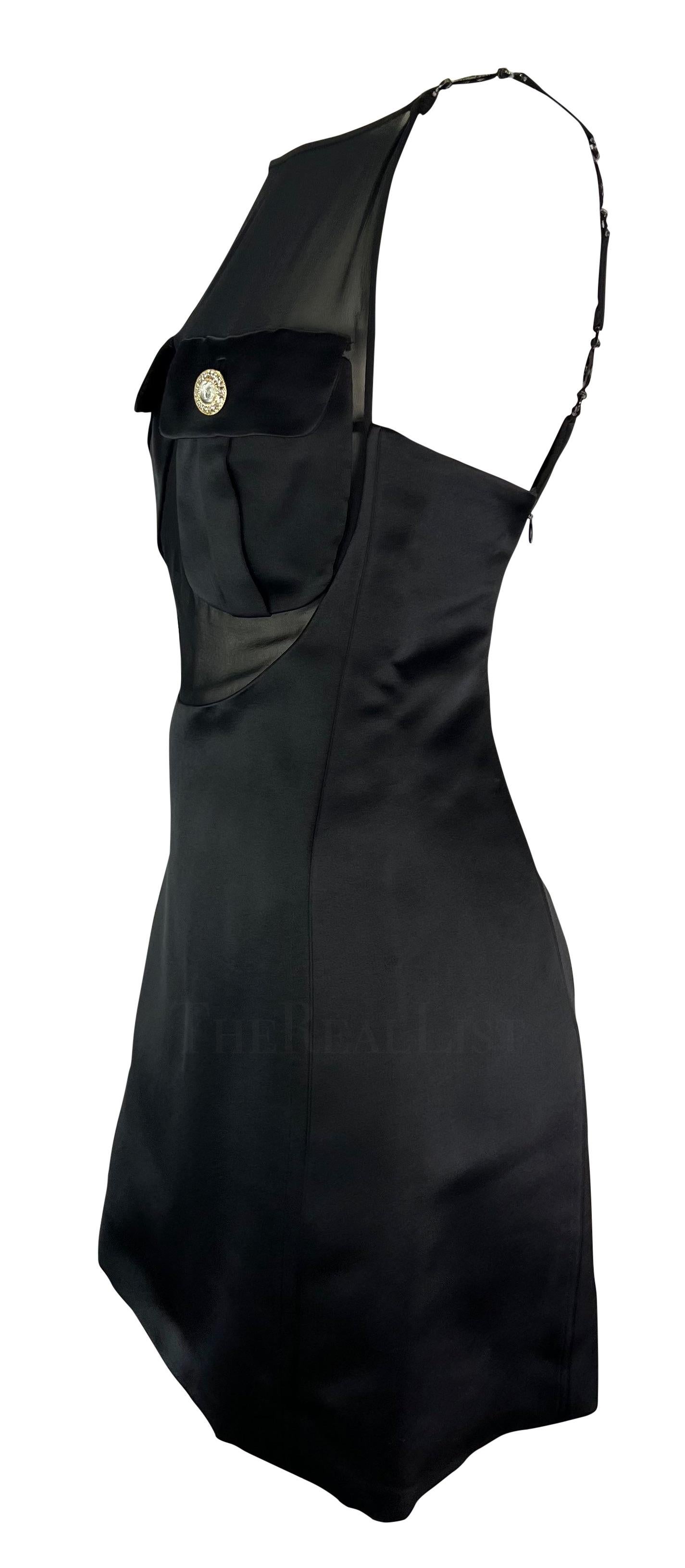 F/W 1996 Gianni Versace Runway Sheer Satin Rhinestone Medusa Pocket Mini Dress For Sale 2