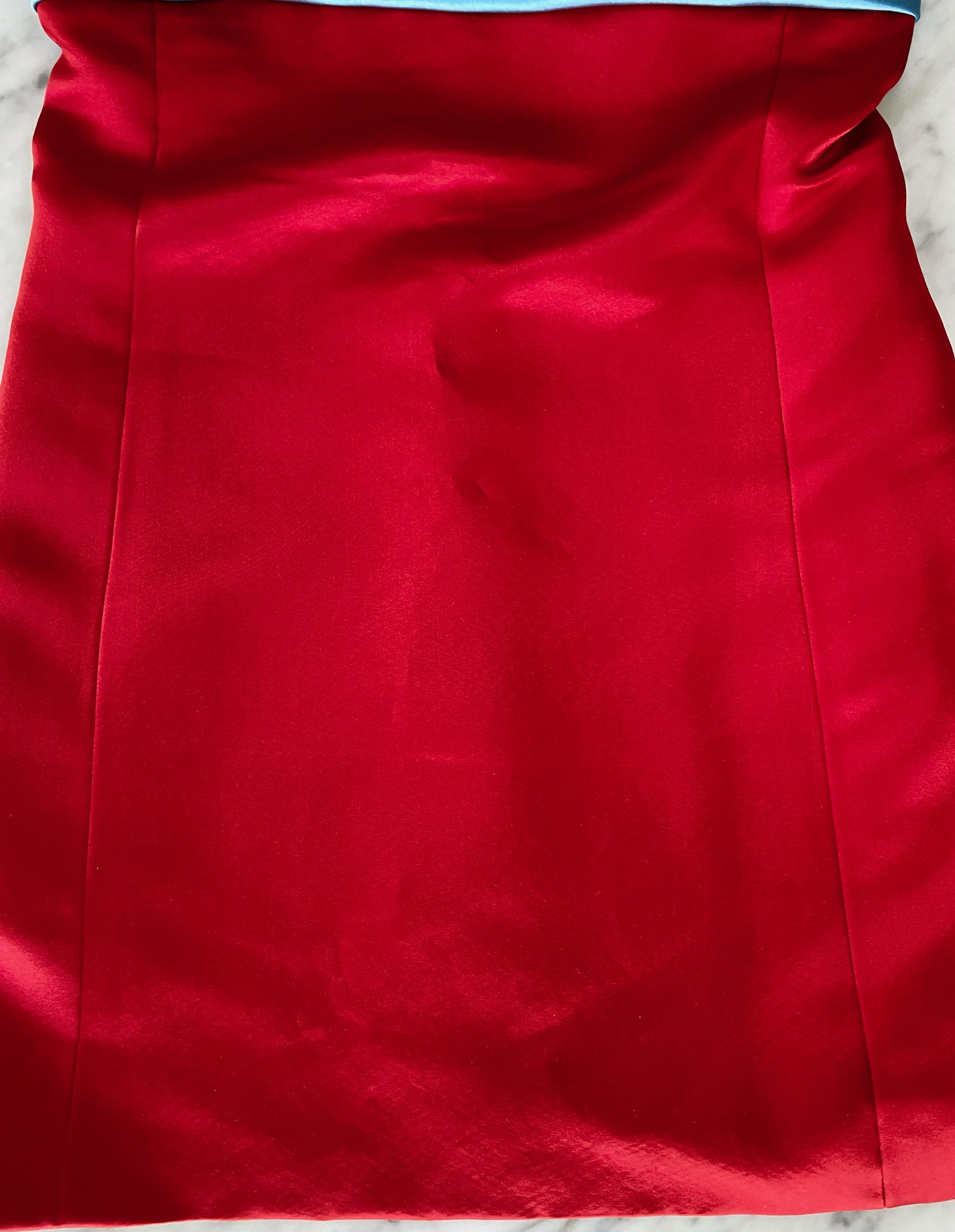 F/W 1996 Gianni Versace Satin Red & Blue Mini Dress with Rhinestone Logo Straps For Sale 5