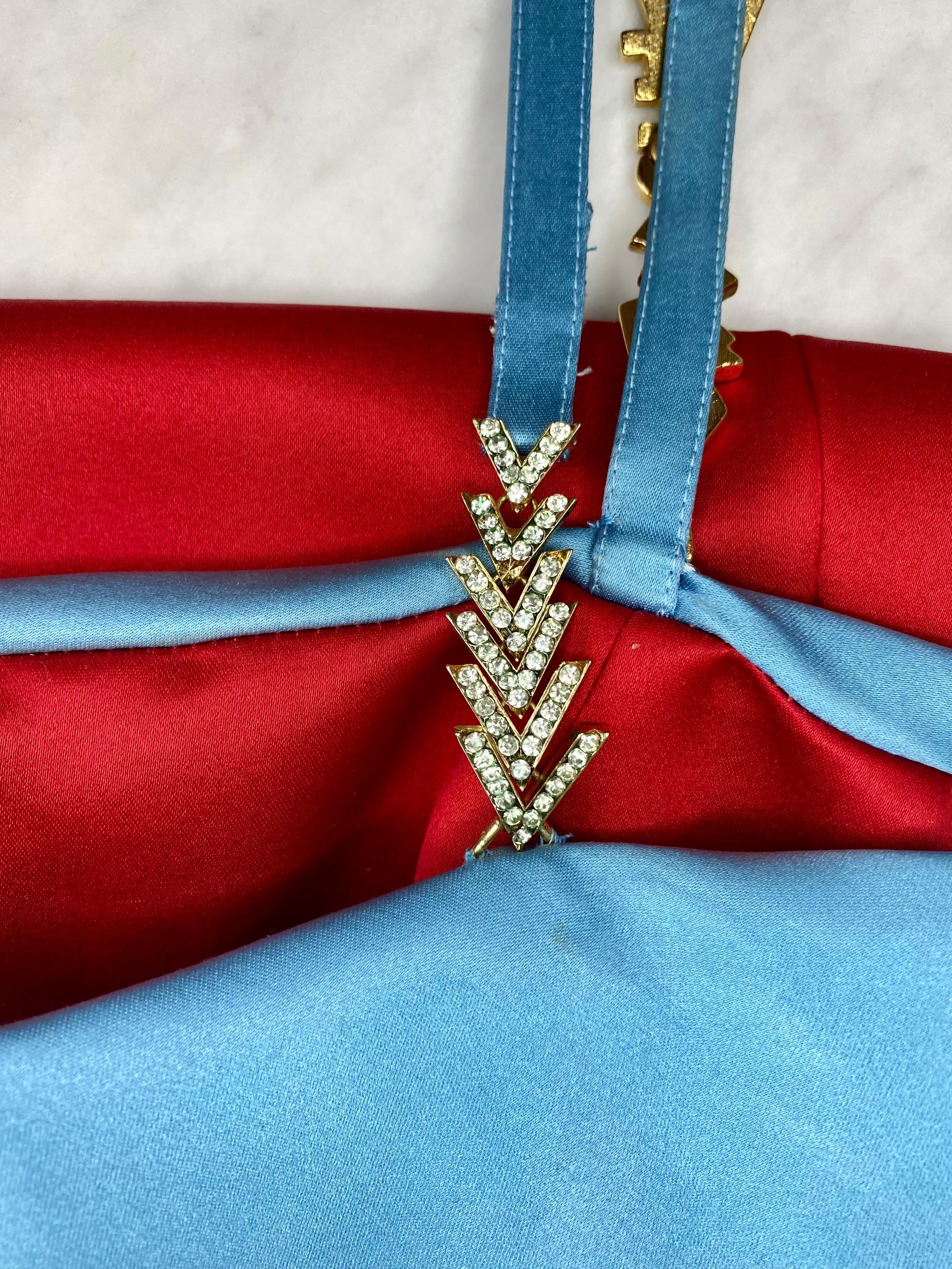 F/W 1996 Gianni Versace Satin Red & Blue Mini Dress with Rhinestone Logo Straps For Sale 8