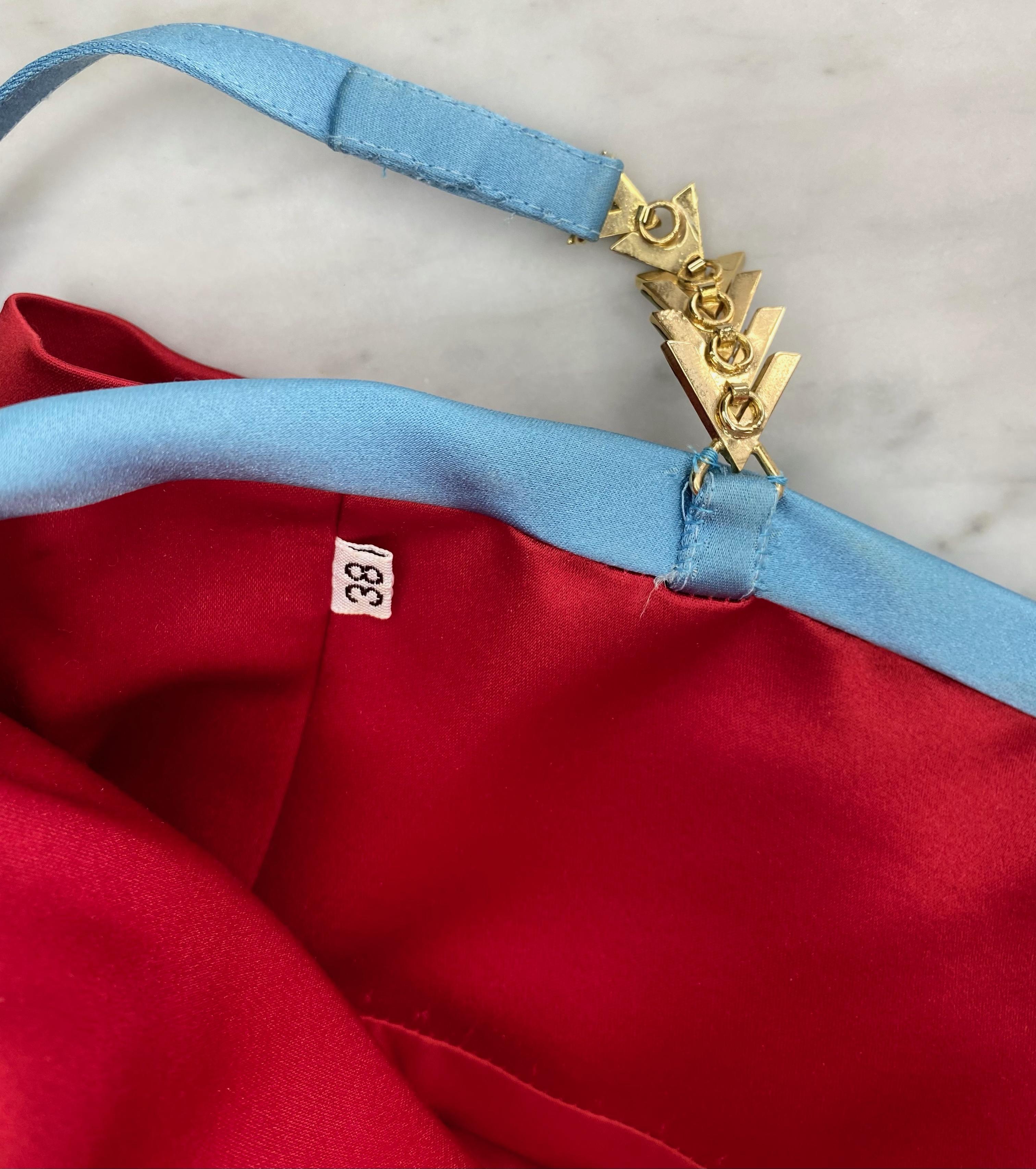 F/W 1996 Gianni Versace Satin Red & Blue Mini Dress with Rhinestone Logo Straps For Sale 2