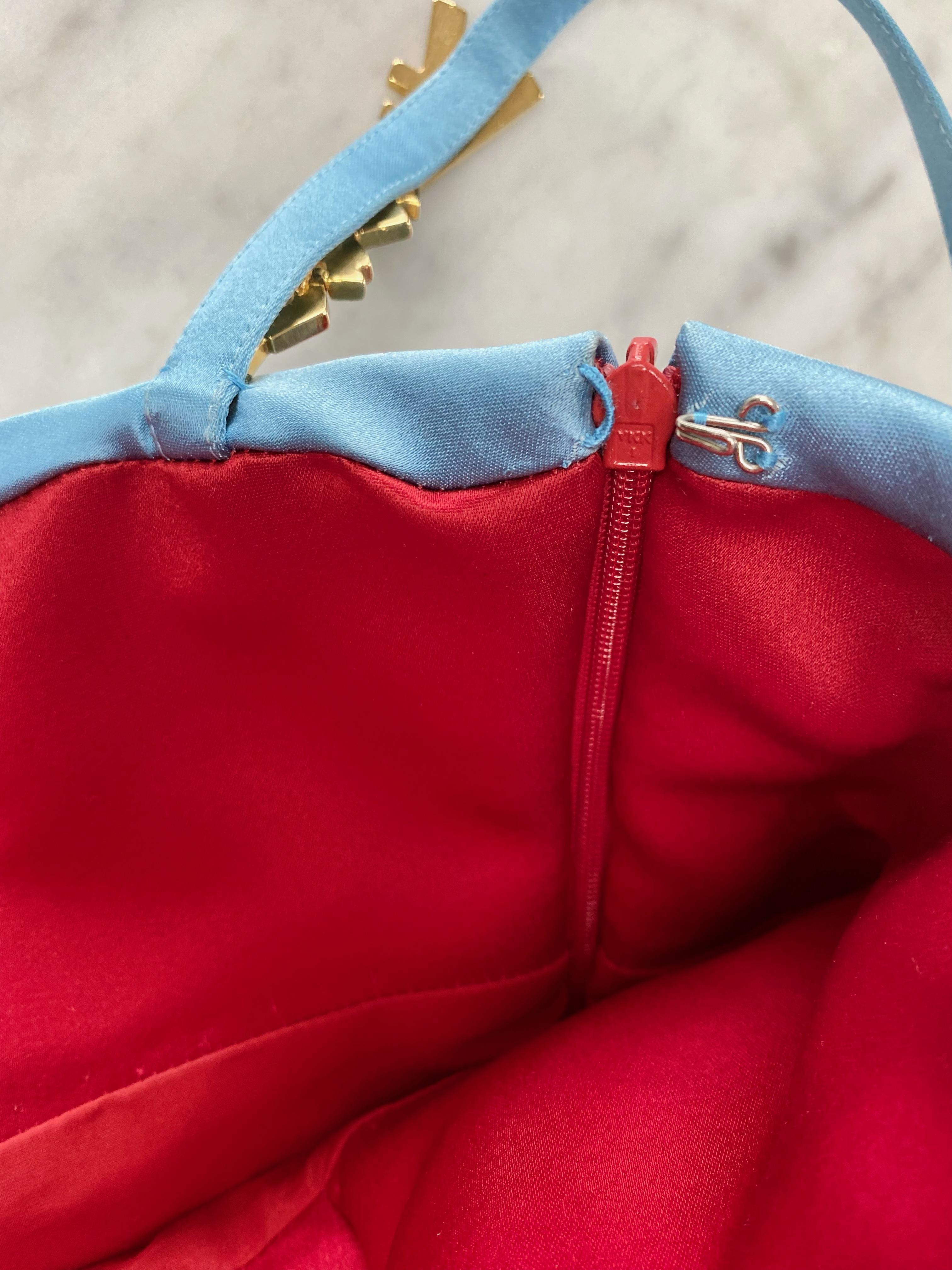 F/W 1996 Gianni Versace Satin Red & Blue Mini Dress with Rhinestone Logo Straps For Sale 3