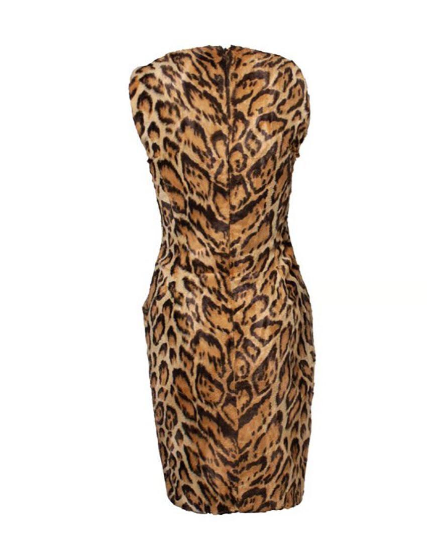 F/W 1996 GIANNI VERSACE VINTAGE FAUX FUR LEOPARD DRESS Sz IT 38 In Excellent Condition In Montgomery, TX