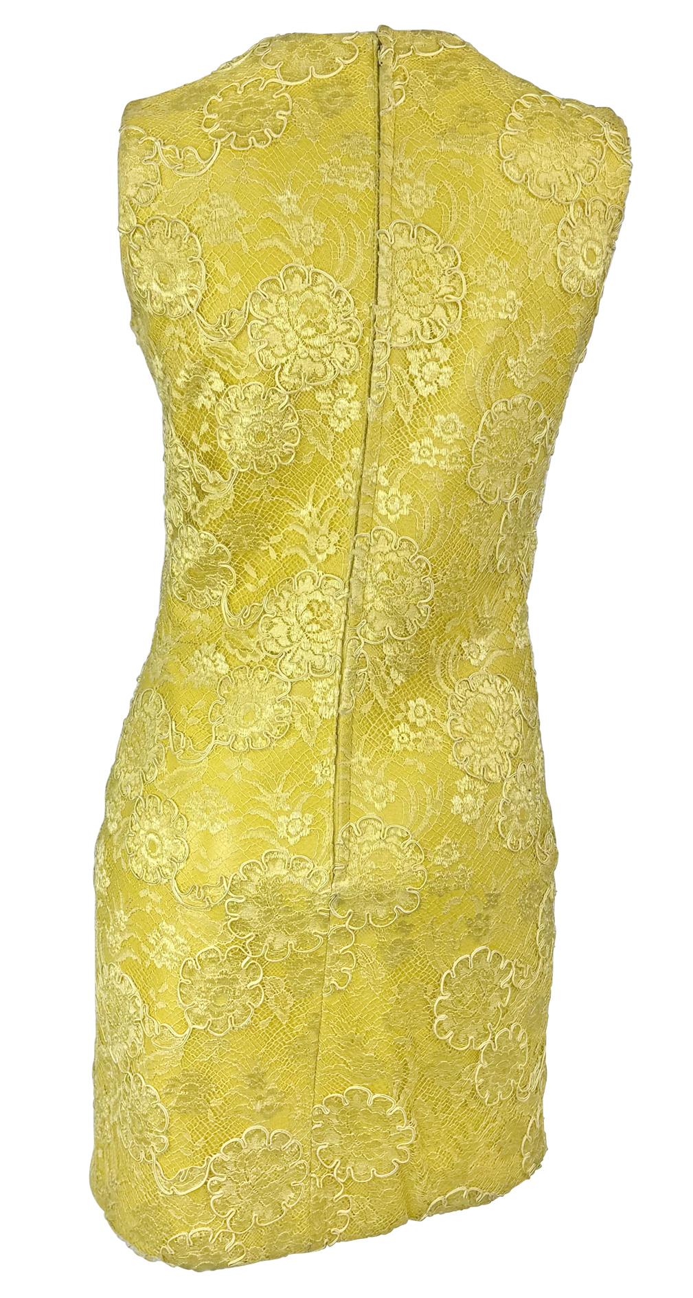Women's F/W 1996 Gianni Versace Yellow Leather Lace Overlay Mini Sleeveless Dress For Sale