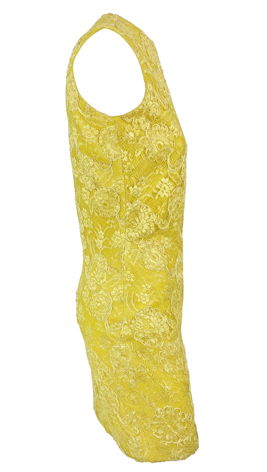 F/W 1996 Gianni Versace Yellow Leather Lace Overlay Mini Sleeveless Dress For Sale 1