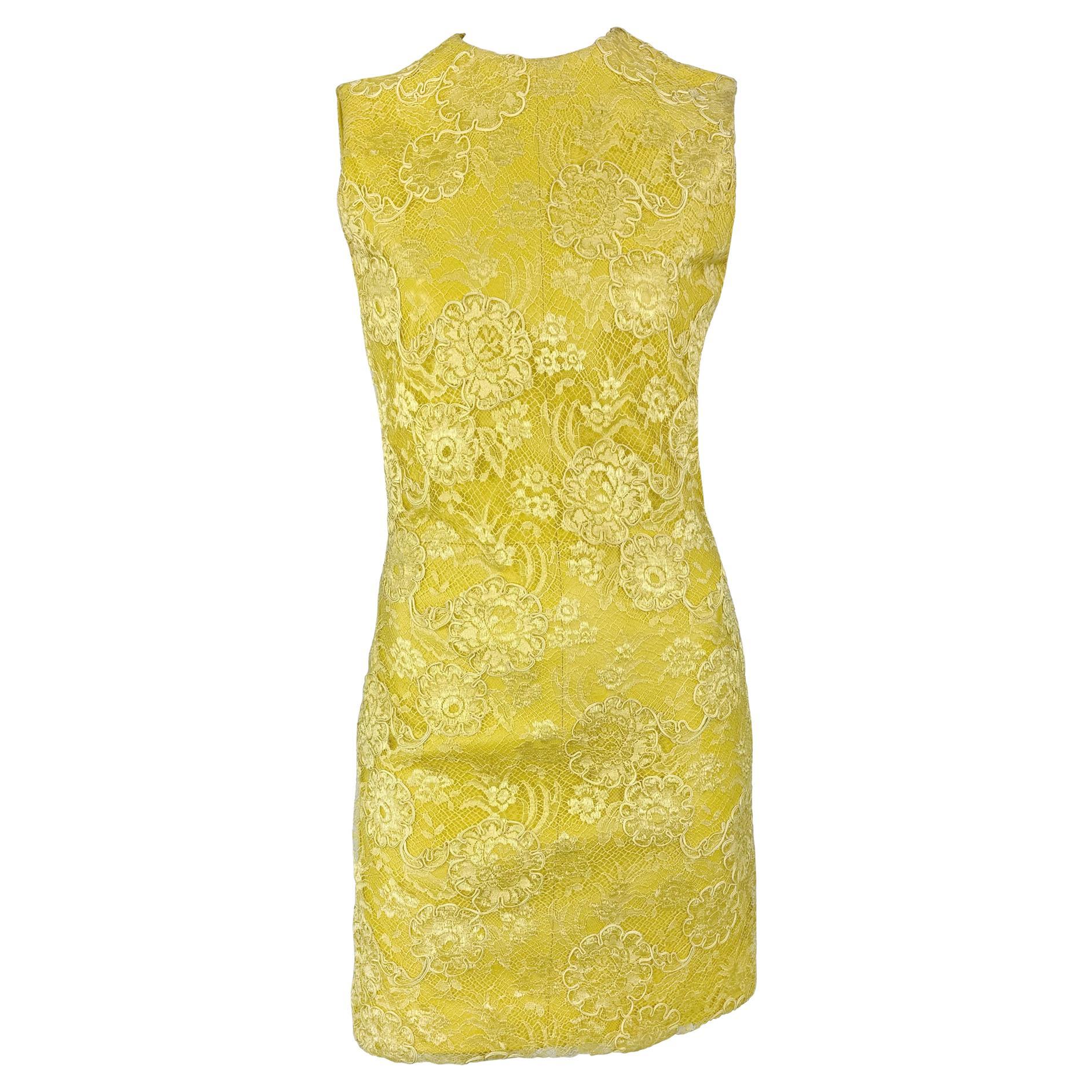 F/W 1996 Gianni Versace Yellow Leather Lace Overlay Mini Sleeveless Dress For Sale