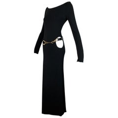 F/W 1996 Gucci by Tom Ford Black Cut-Out L/S Long Gown Dress w Leather Belt 42