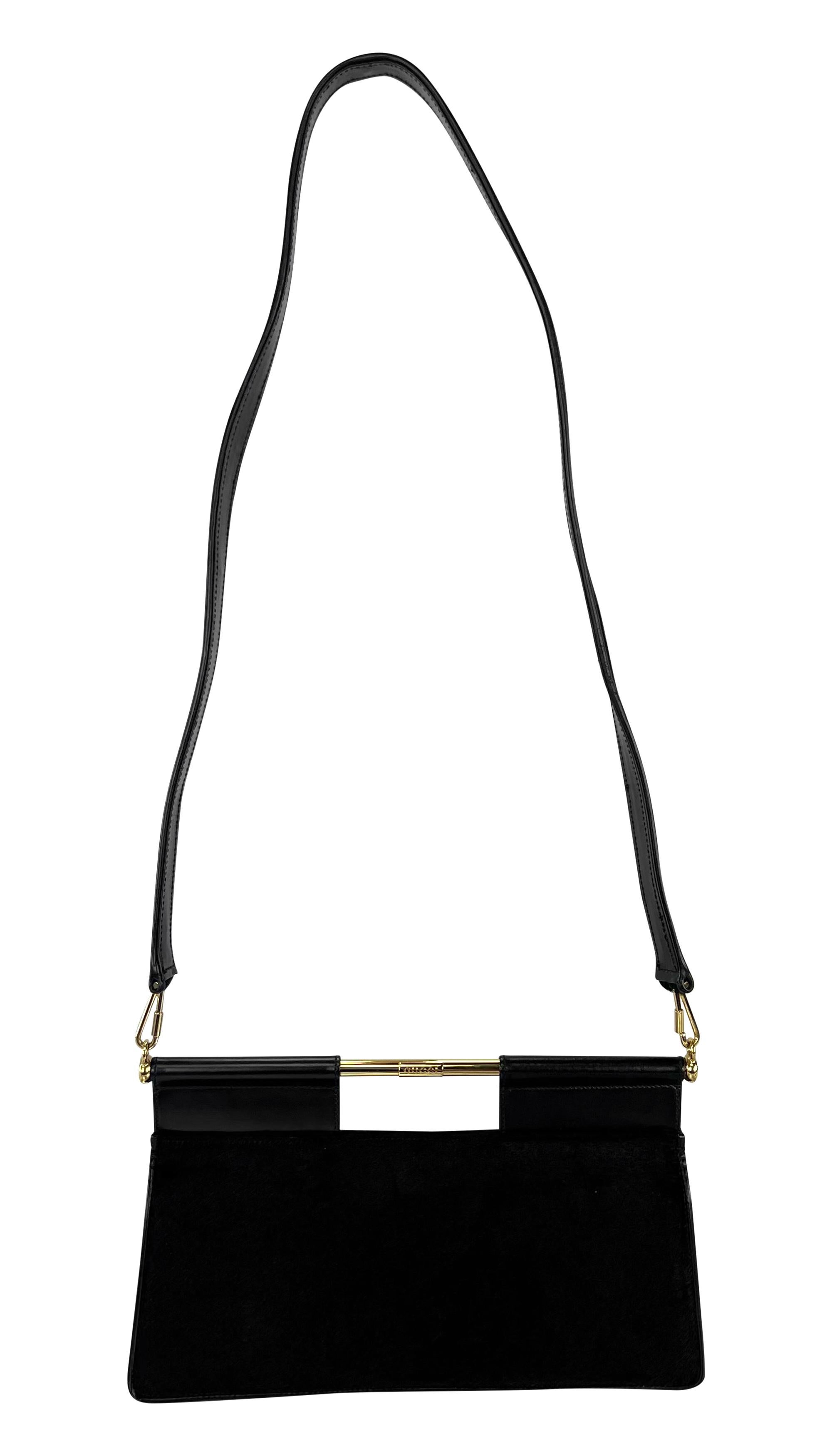 F/W 1996 Gucci by Tom Ford Black Pony Hair Flap Gold Bar Triangle Crossbody Bag In Excellent Condition In West Hollywood, CA