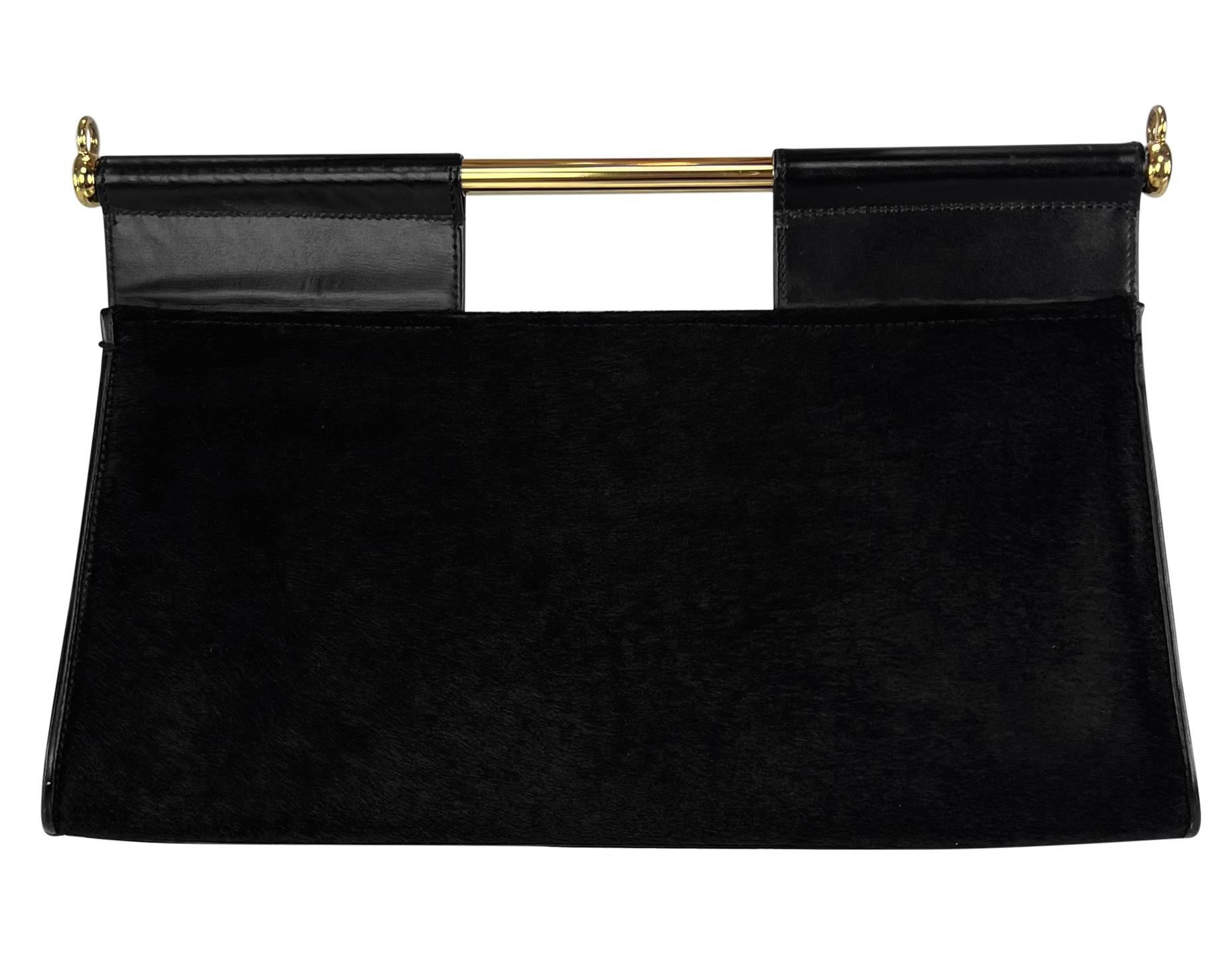 F/W 1996 Gucci by Tom Ford Black Pony Hair Flap Gold Bar Triangle Crossbody Bag 2
