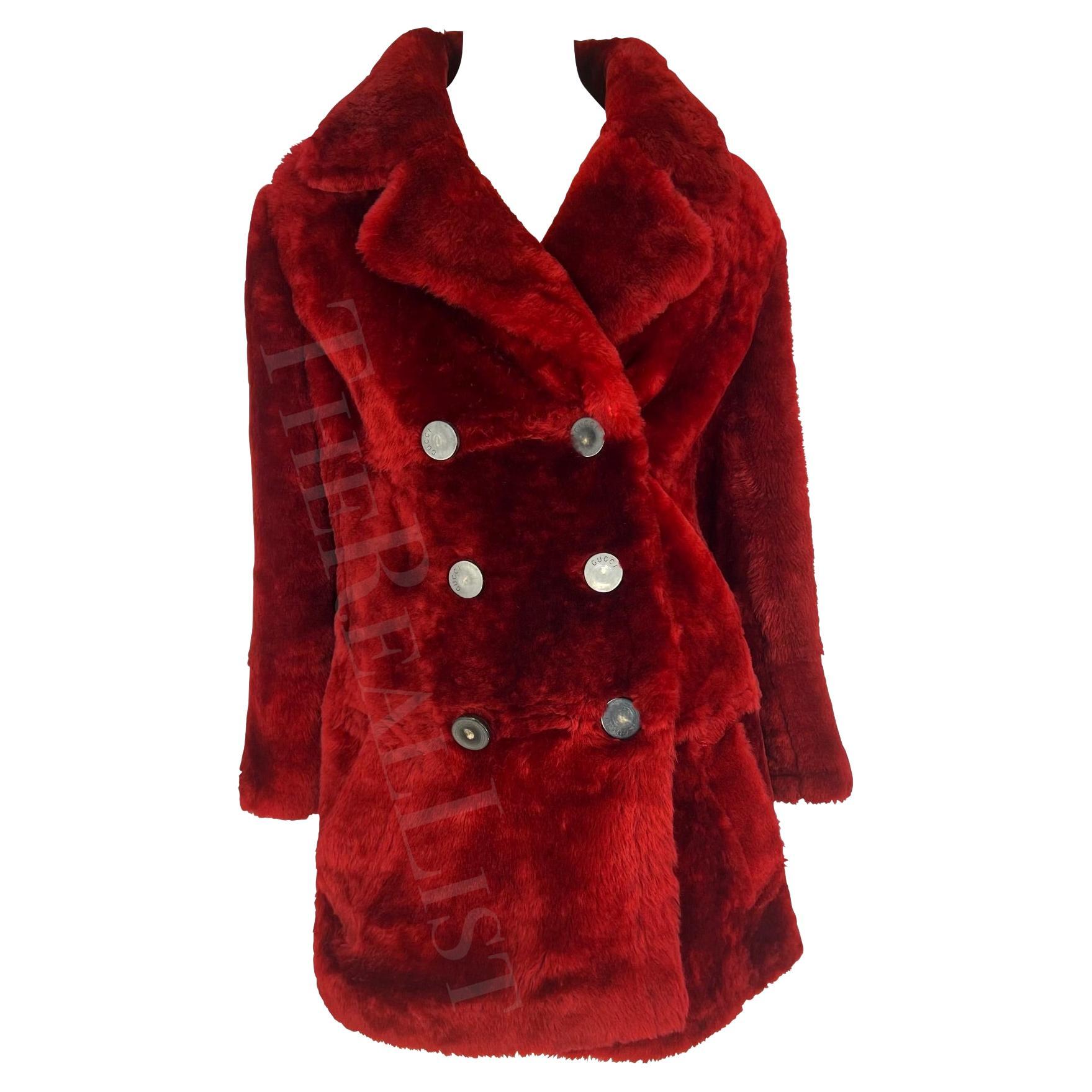 F/W 1996 Gucci by Tom Ford Deep Red Double Breasted Shearling Coat For Sale