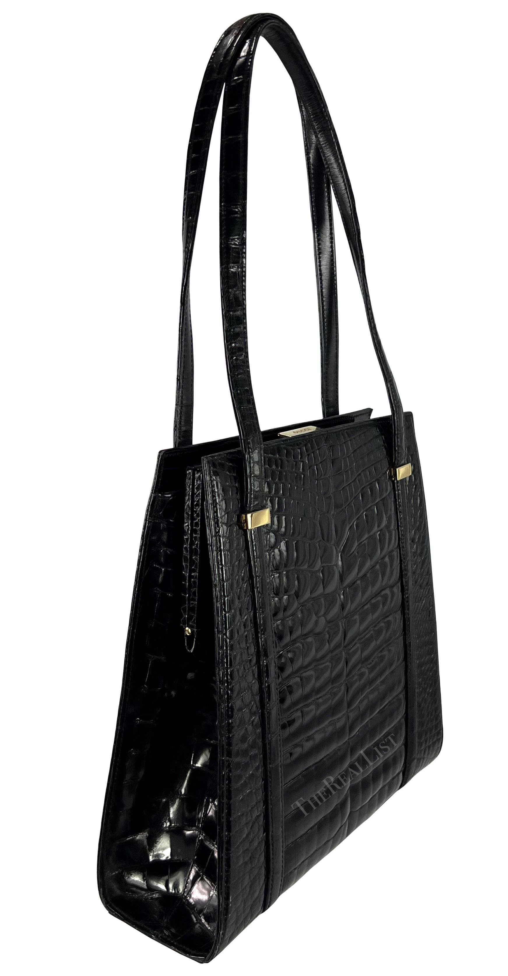 F/W 1996 Gucci by Tom Ford Large Black Glossy Crocodile Shoulder Bag For Sale 7