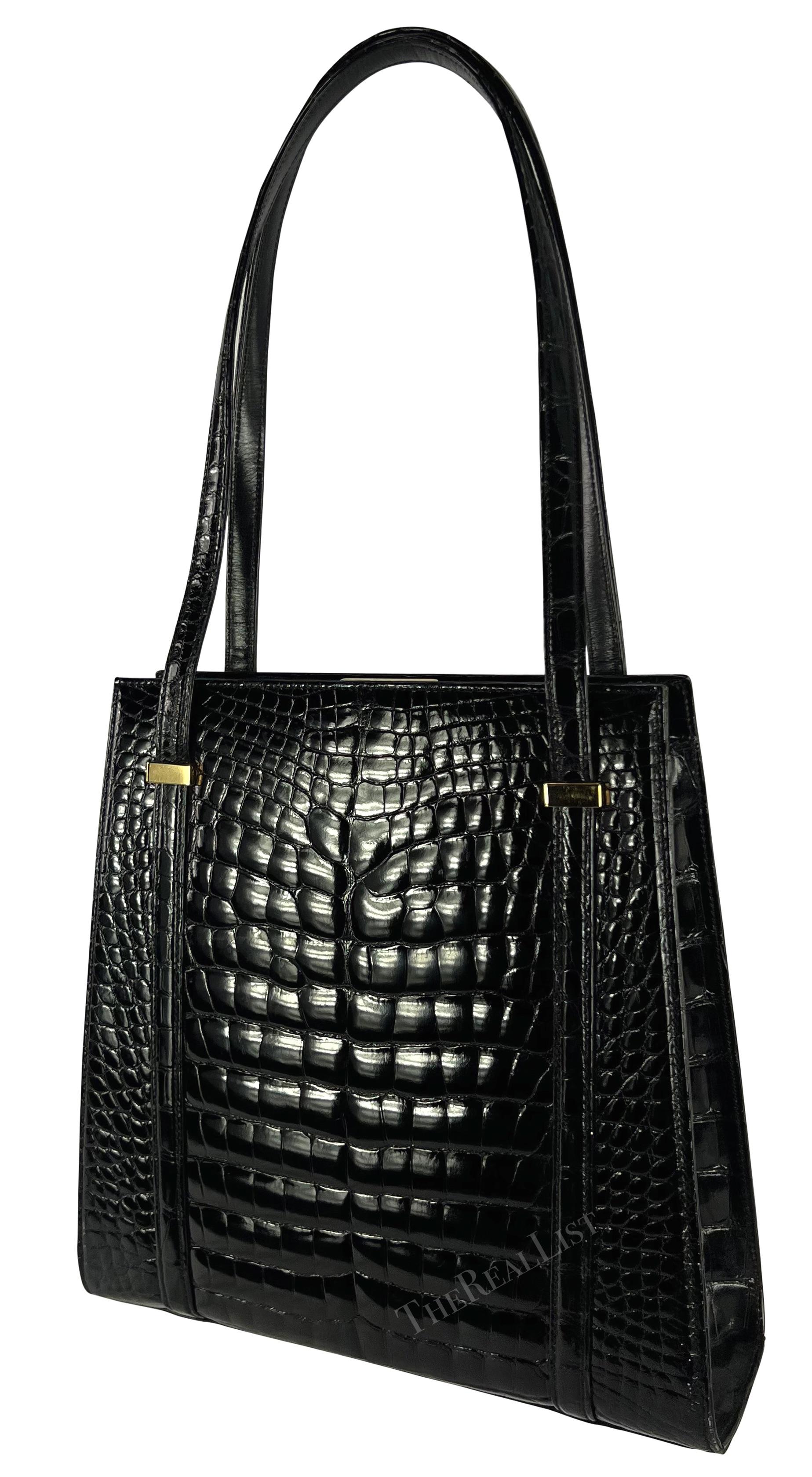 Women's F/W 1996 Gucci by Tom Ford Large Black Glossy Crocodile Shoulder Bag For Sale