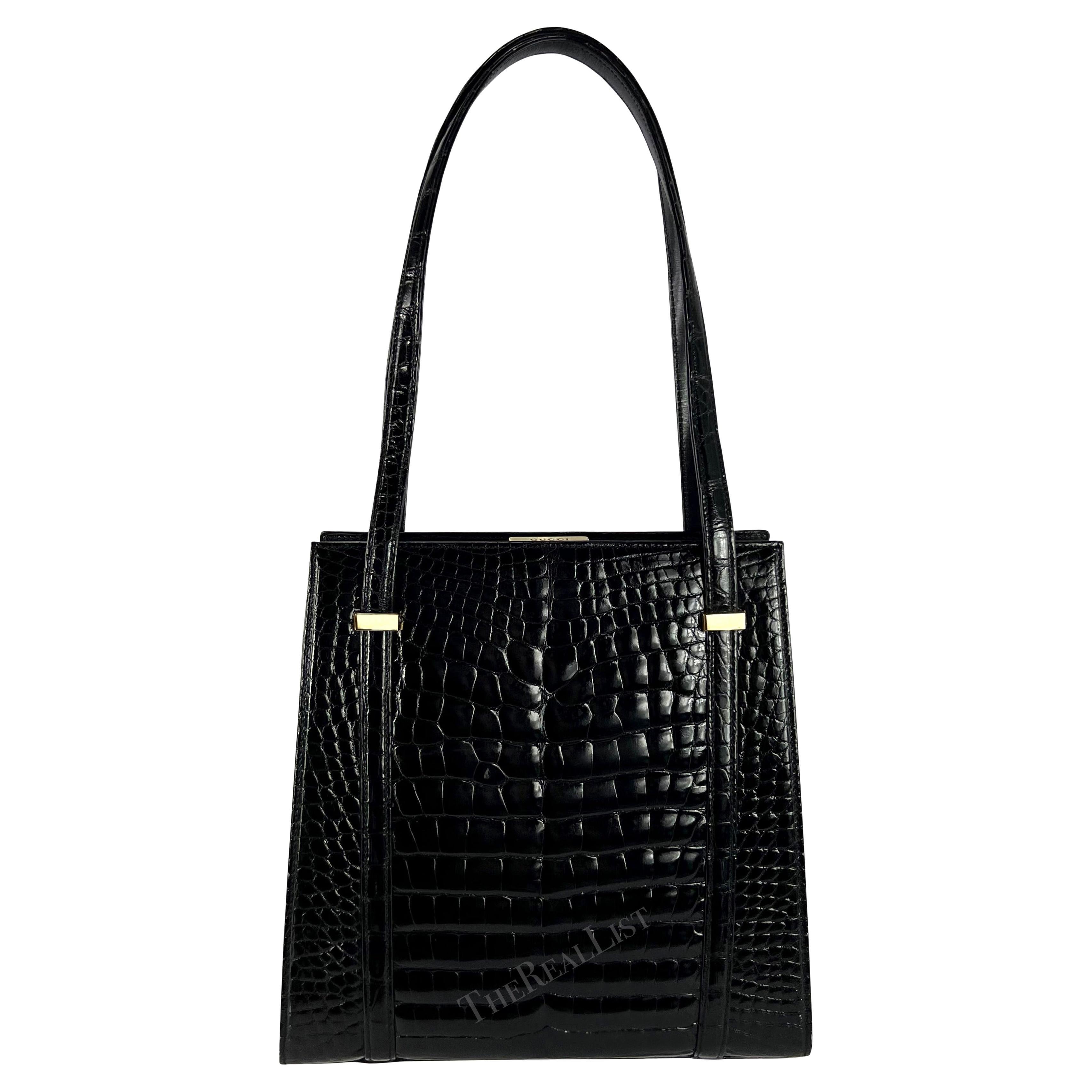 F/W 1996 Gucci by Tom Ford Large Black Glossy Crocodile Shoulder Bag For Sale