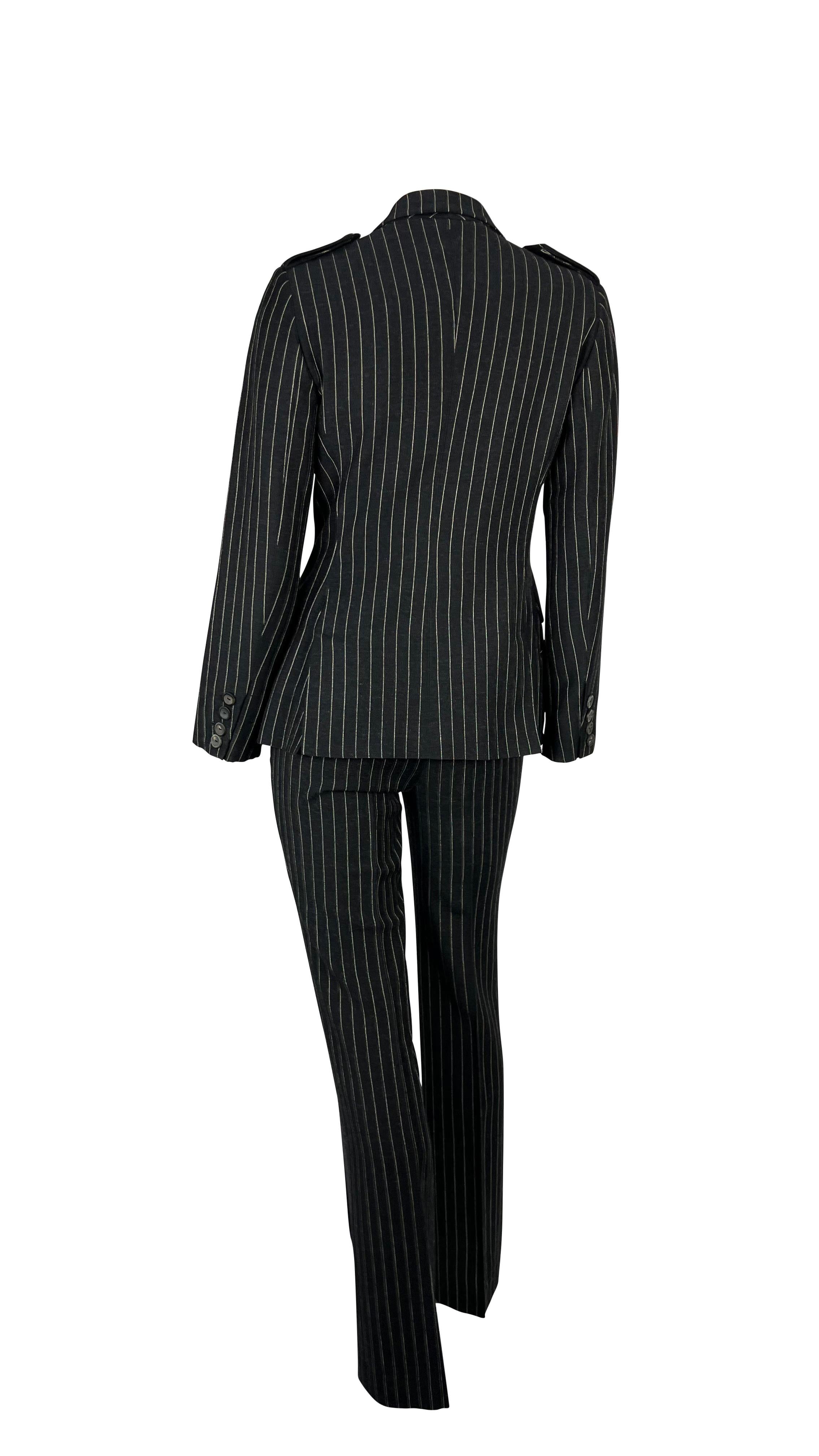 Women's F/W 1996 Gucci by Tom Ford Runway Ad Black Wool Pinstripe Epaulet Pant Suit For Sale