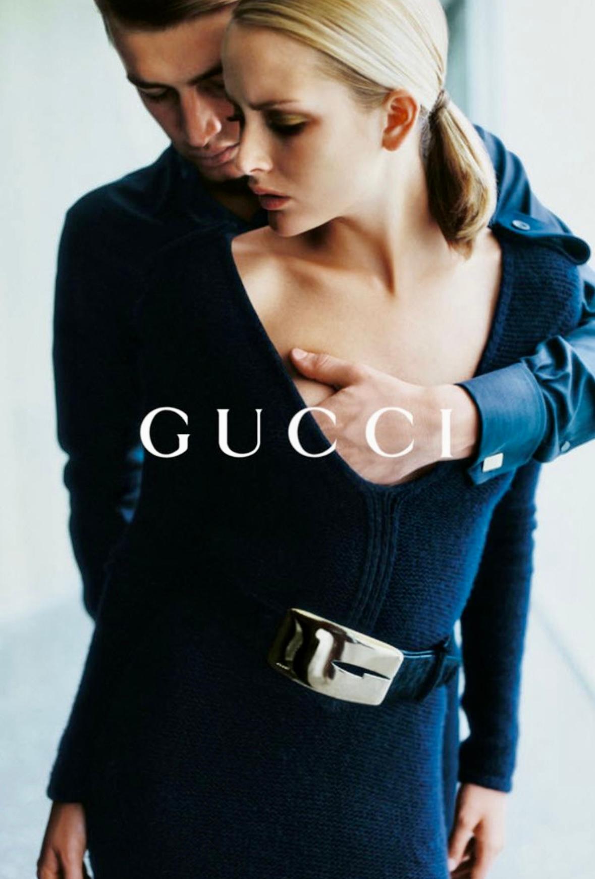 F/W 1996 Gucci by Tom Ford Runway Ad Cashmere Plunging G Buckle Epaulet Dress en vente 2