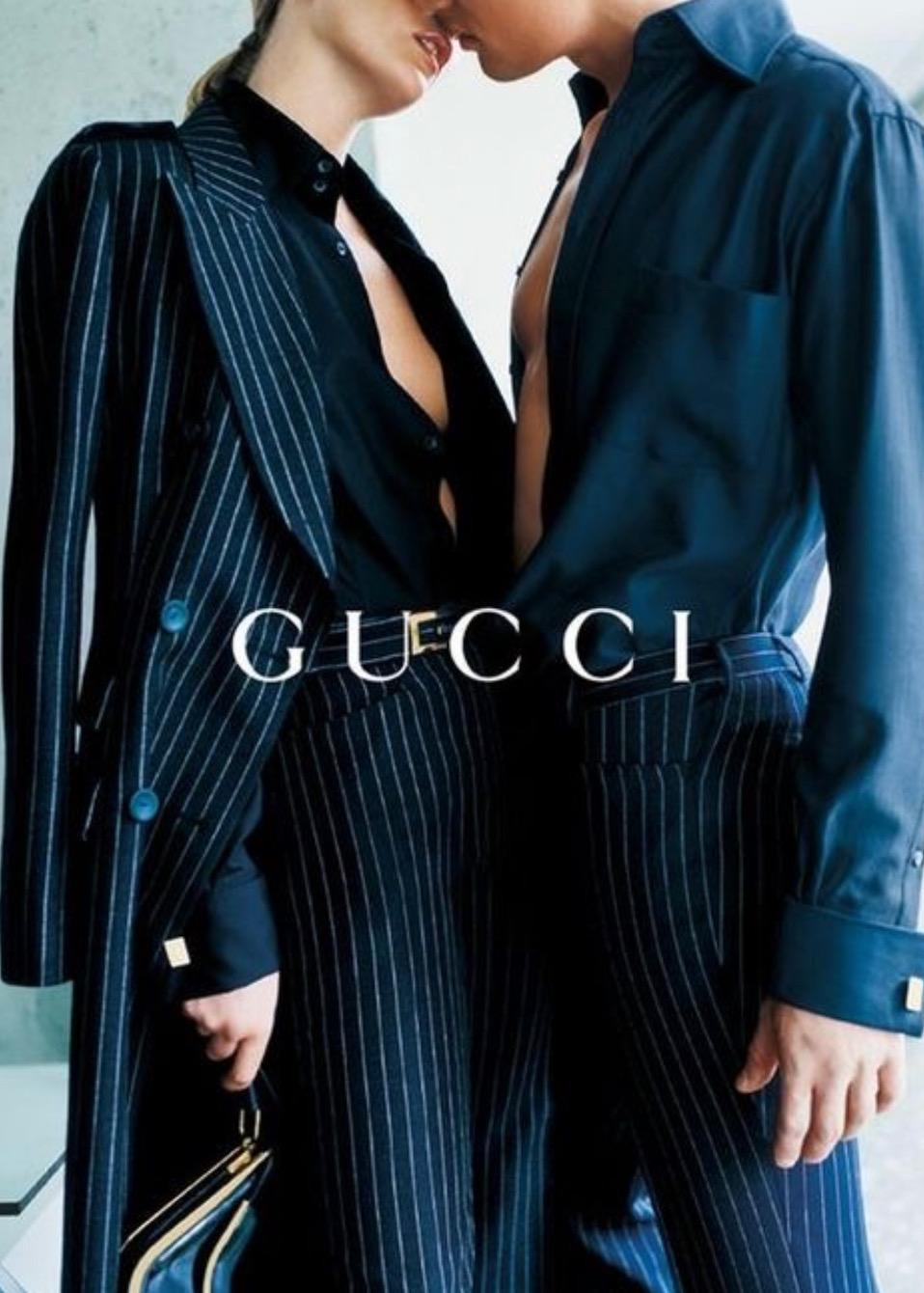 Women's F/W 1996 Gucci by Tom Ford Runway Black Pinstripe Wool Trench Overcoat