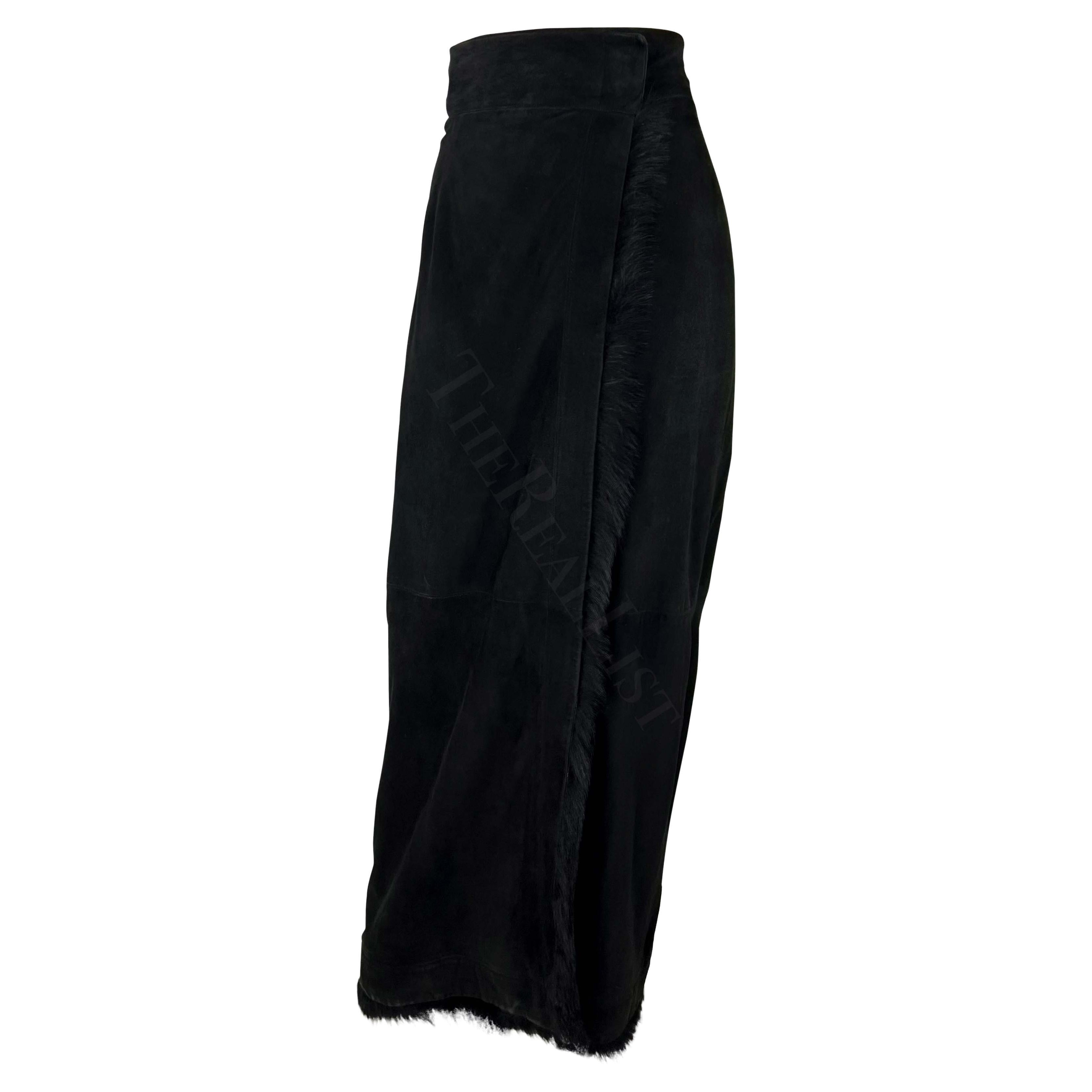 F/W 1996 Gucci by Tom Ford Runway Black Suede Fur Wrap Maxi Slit Skirt For Sale