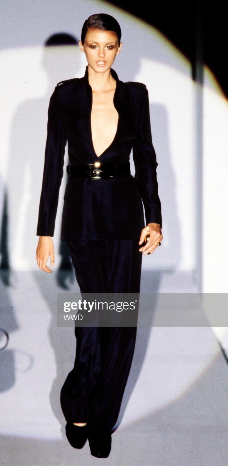 F/W 1996 Gucci by Tom Ford Runway Plunging Iridescent Navy Pantsuit For Sale 1