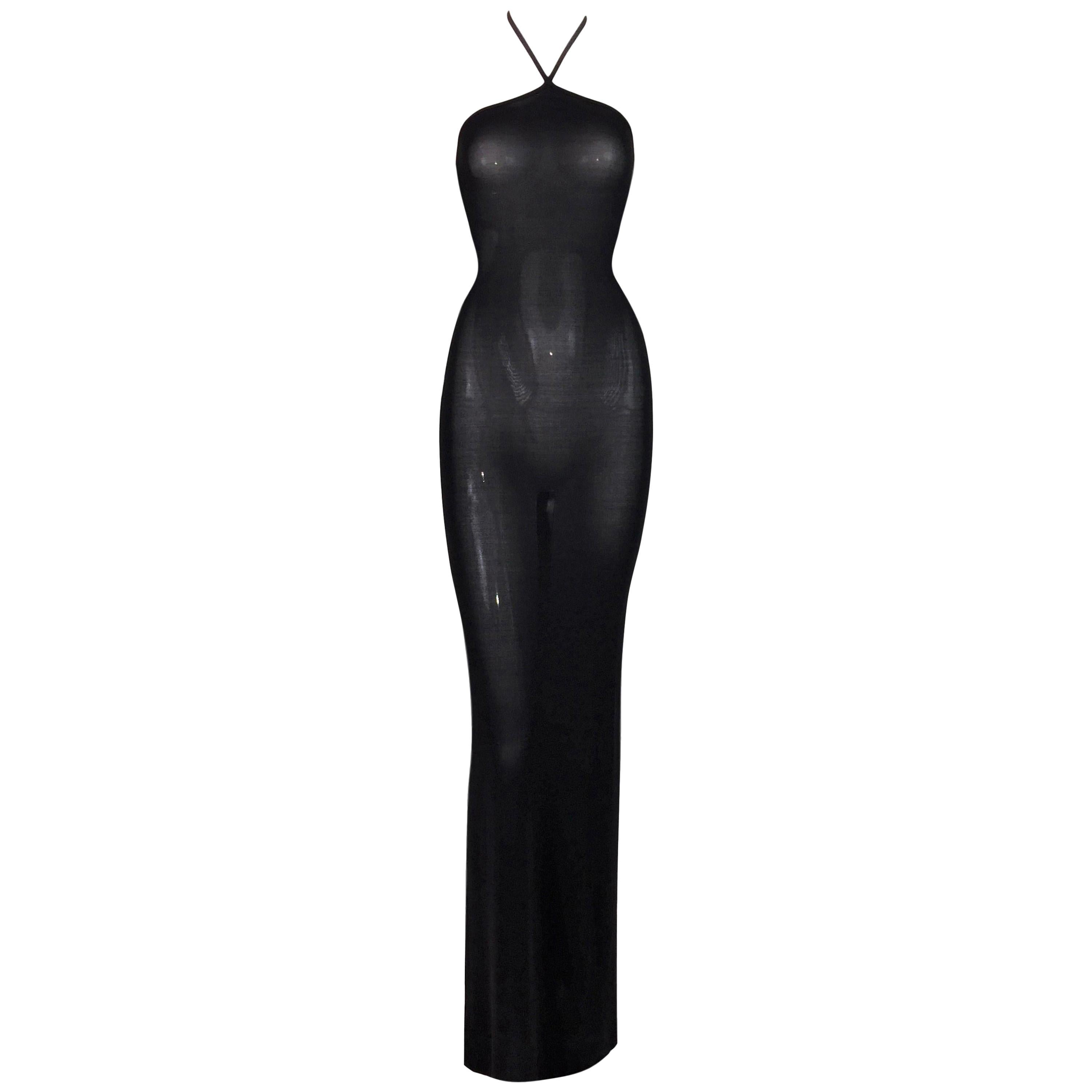 F/W 1996 Gucci by Tom Ford Sheer Black Halter Wiggle Gown Dress