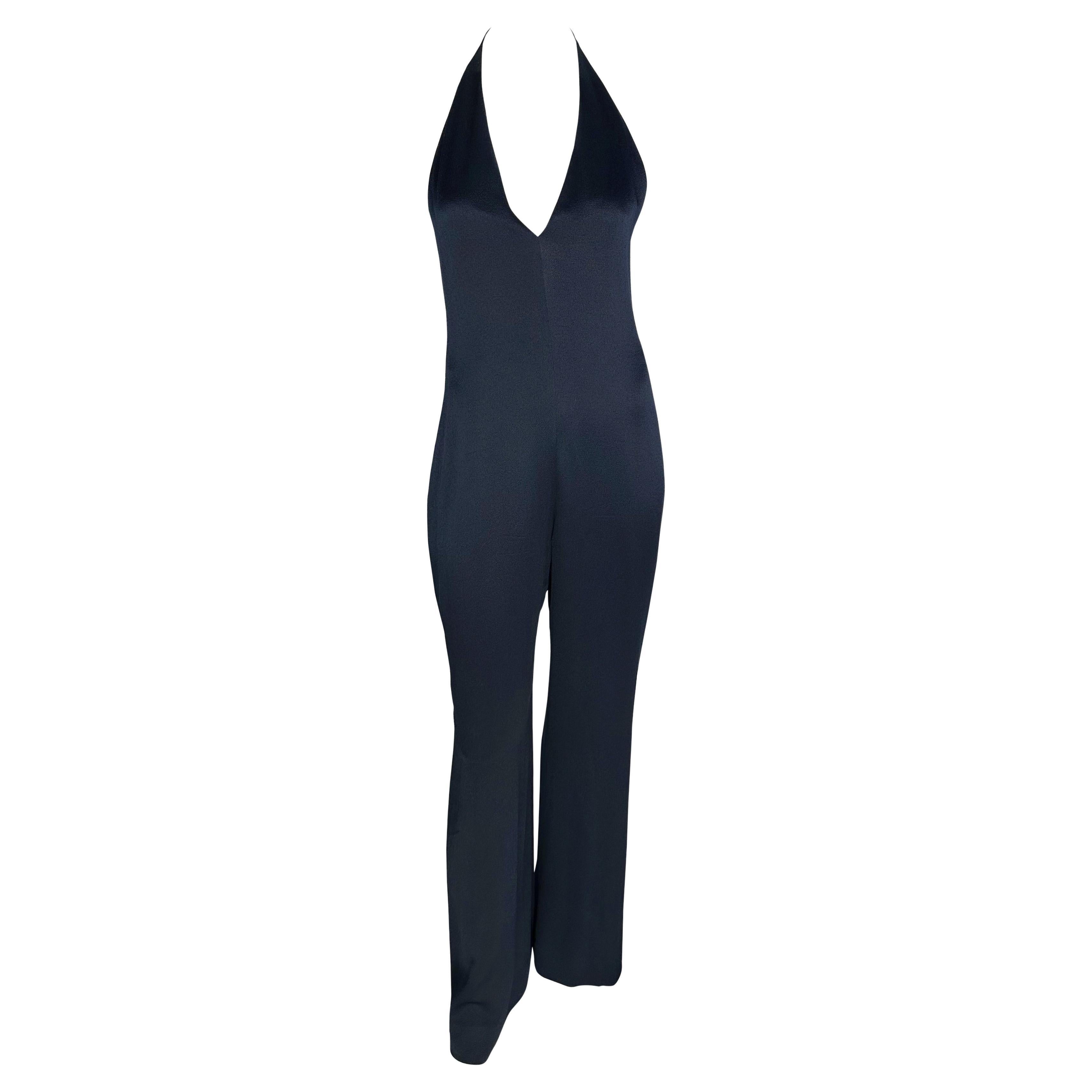 F/W 1996 Ralph Lauren Runway Backless Plunge Navy Crepe Silk Jumpsuit For Sale