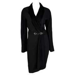 F/W 1996 Thierry Mugler Shawl Collar Horse Bit Buckle Black Wrap Coat Dress