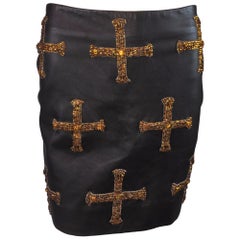 F/W 1997 Atelier Versace by Gianni Runway Crystal Cross Black Leather Mini Skirt