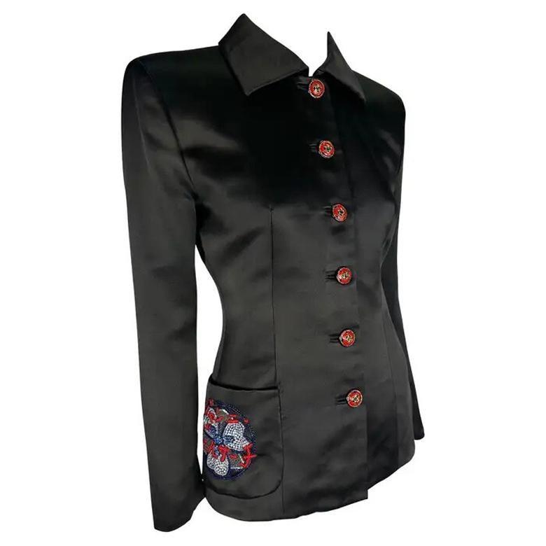 F/W 1997 Atelier Versace Haute Couture Rhinestone Logo Beaded Satin Poppy Jacket For Sale
