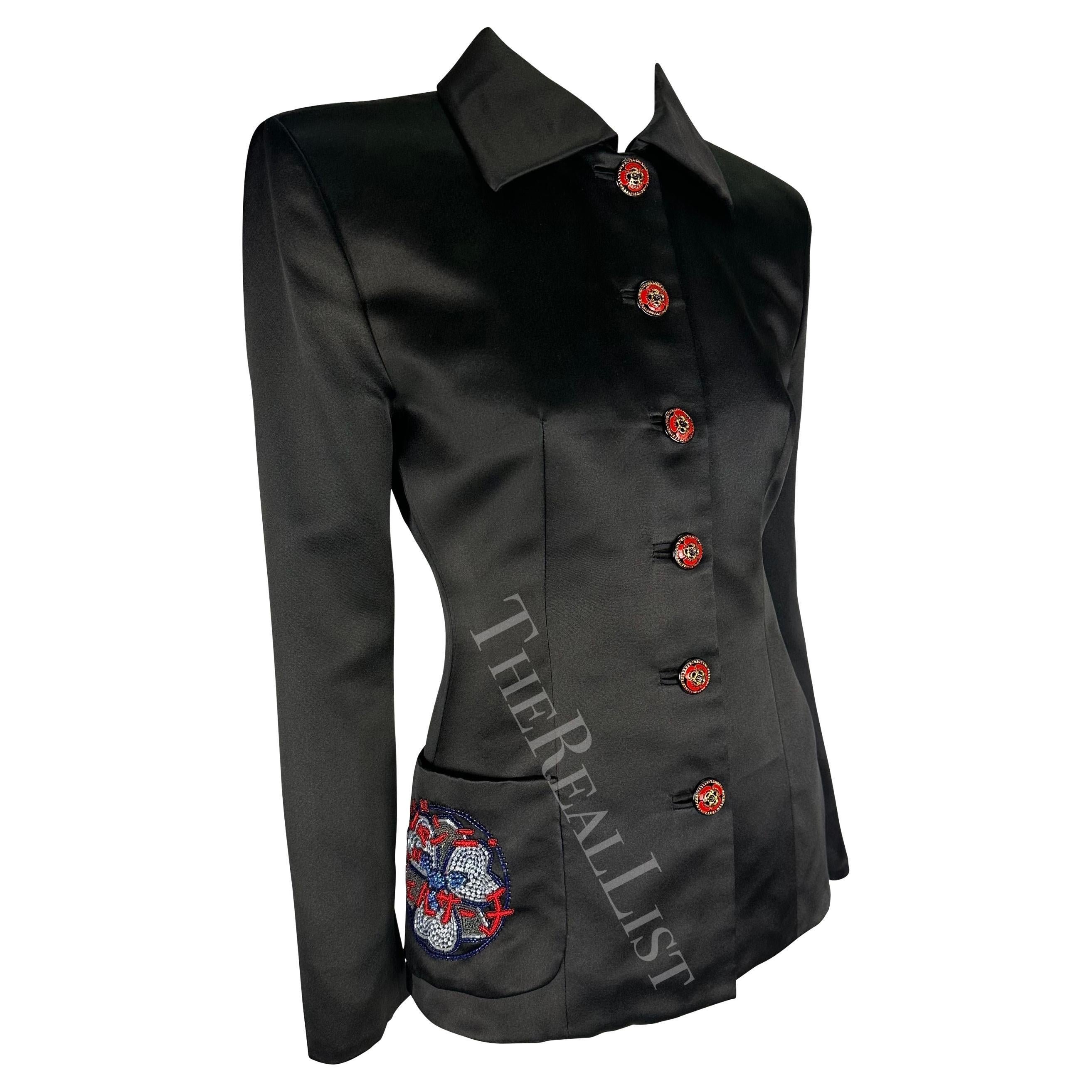 F/W 1997 Atelier Versace Haute Couture Rhinestone Logo Beaded Satin Poppy Jacket For Sale