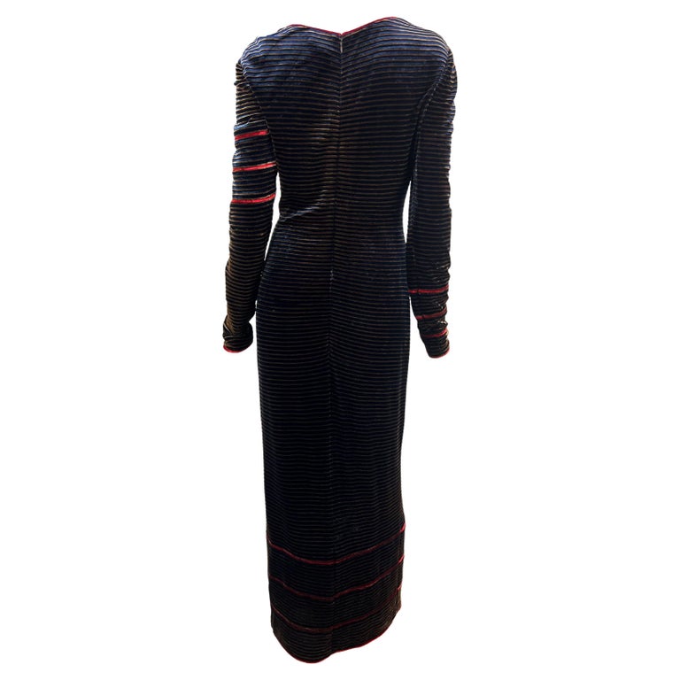 F/W 1997 Chanel by Karl Lagerfeld Striped Navy Velvet Stretch Maxi Dress In Good Condition For Sale In Philadelphia, PA