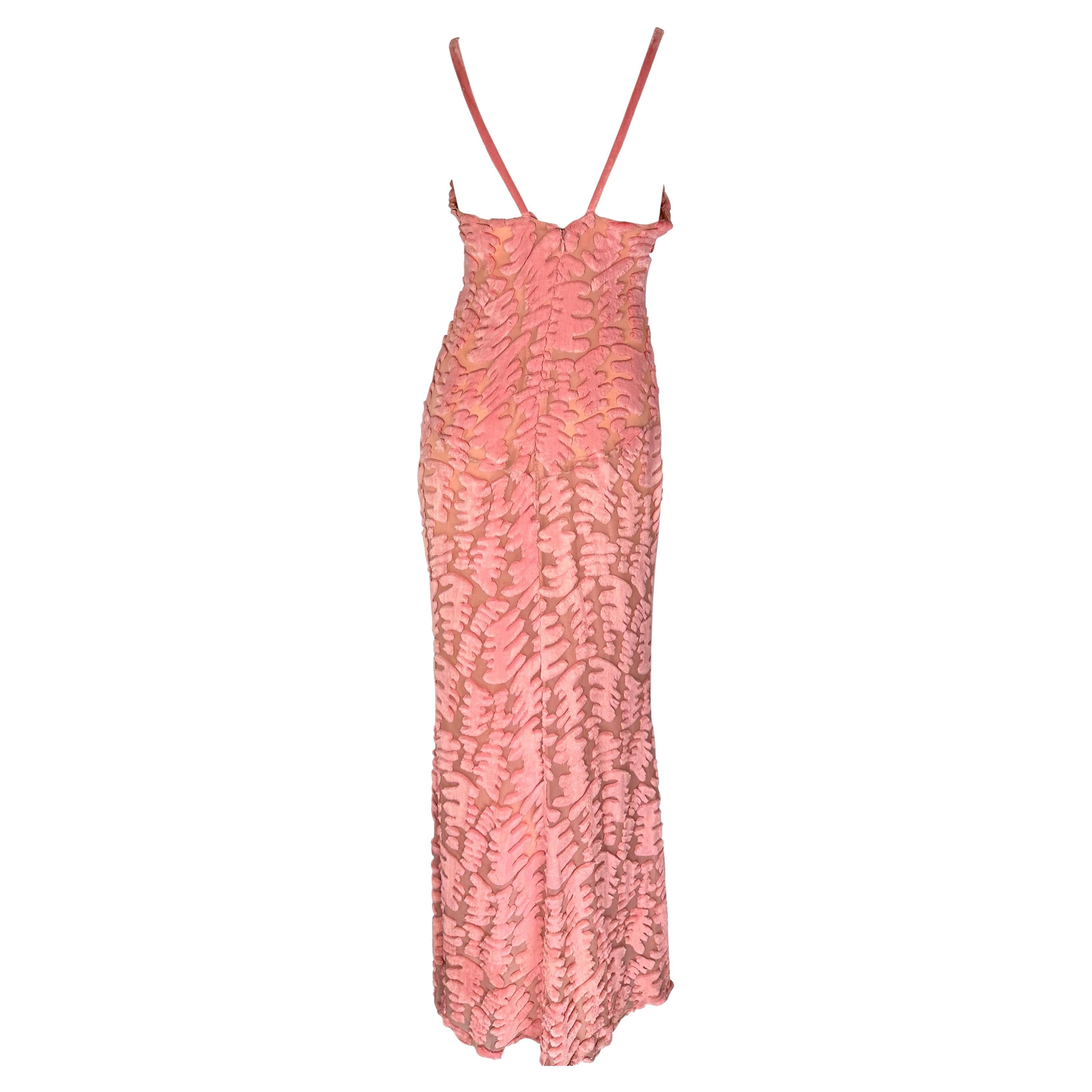 F/W 1997 Chloé by Karl Lagerfeld Pink Sheer Chiffon Abstract Chenille Gown For Sale 3