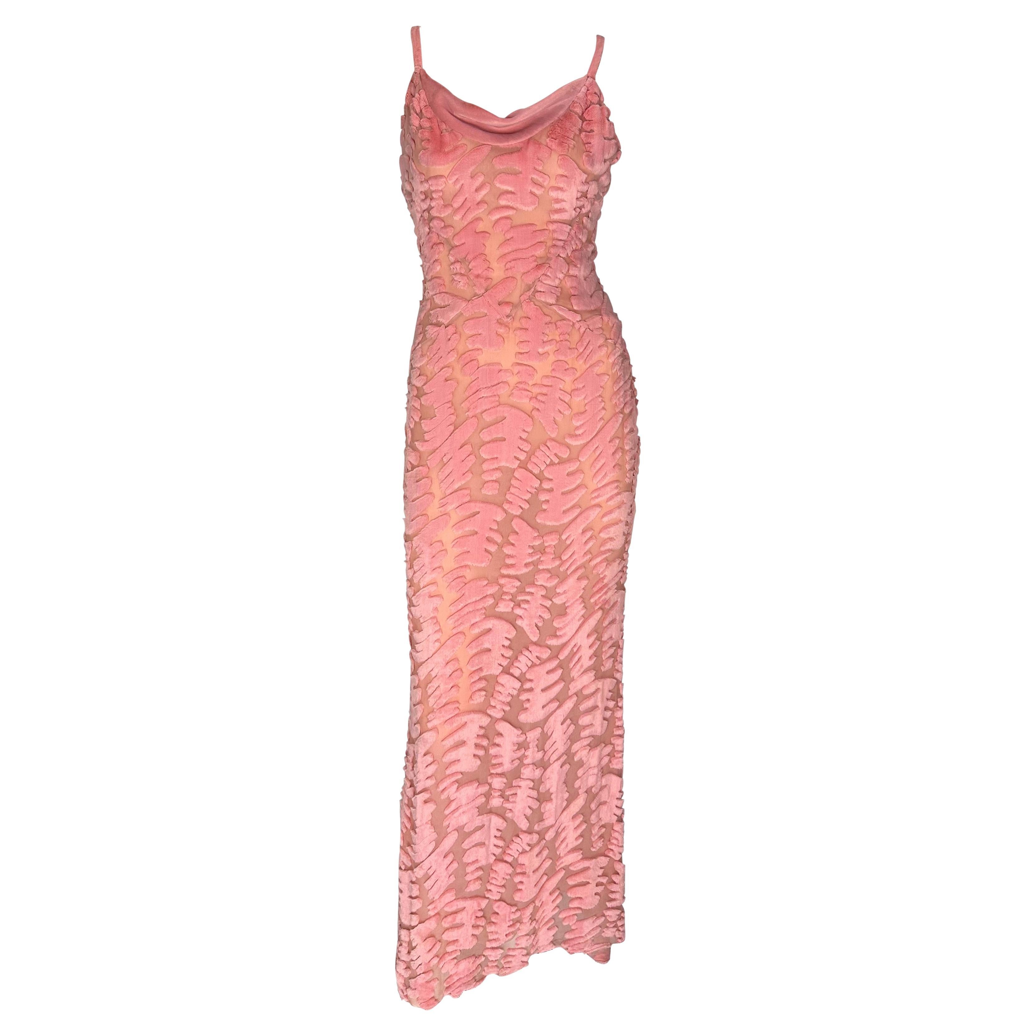F/W 1997 Chloé by Karl Lagerfeld Pink Sheer Chiffon Abstract Chenille Gown For Sale