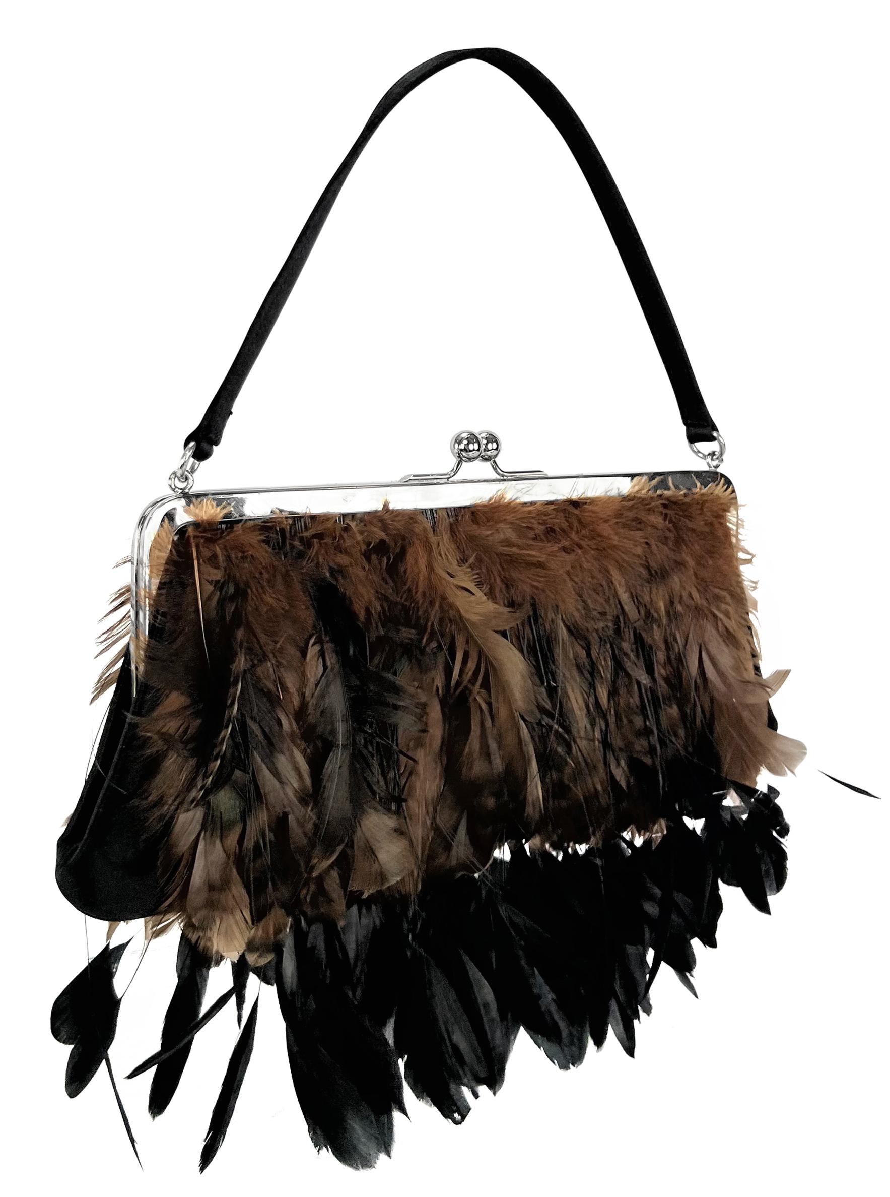 F/W 1997 Dolce & Gabbana Runway Brown Black Feather Satin Kisslock Evening Bag For Sale 2