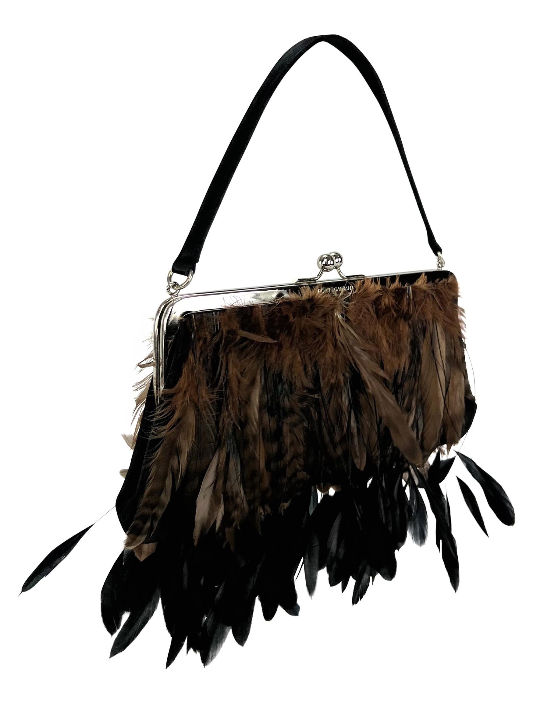 F/W 1997 Dolce & Gabbana Runway Brown Black Feather Satin Kisslock Evening Bag For Sale 4