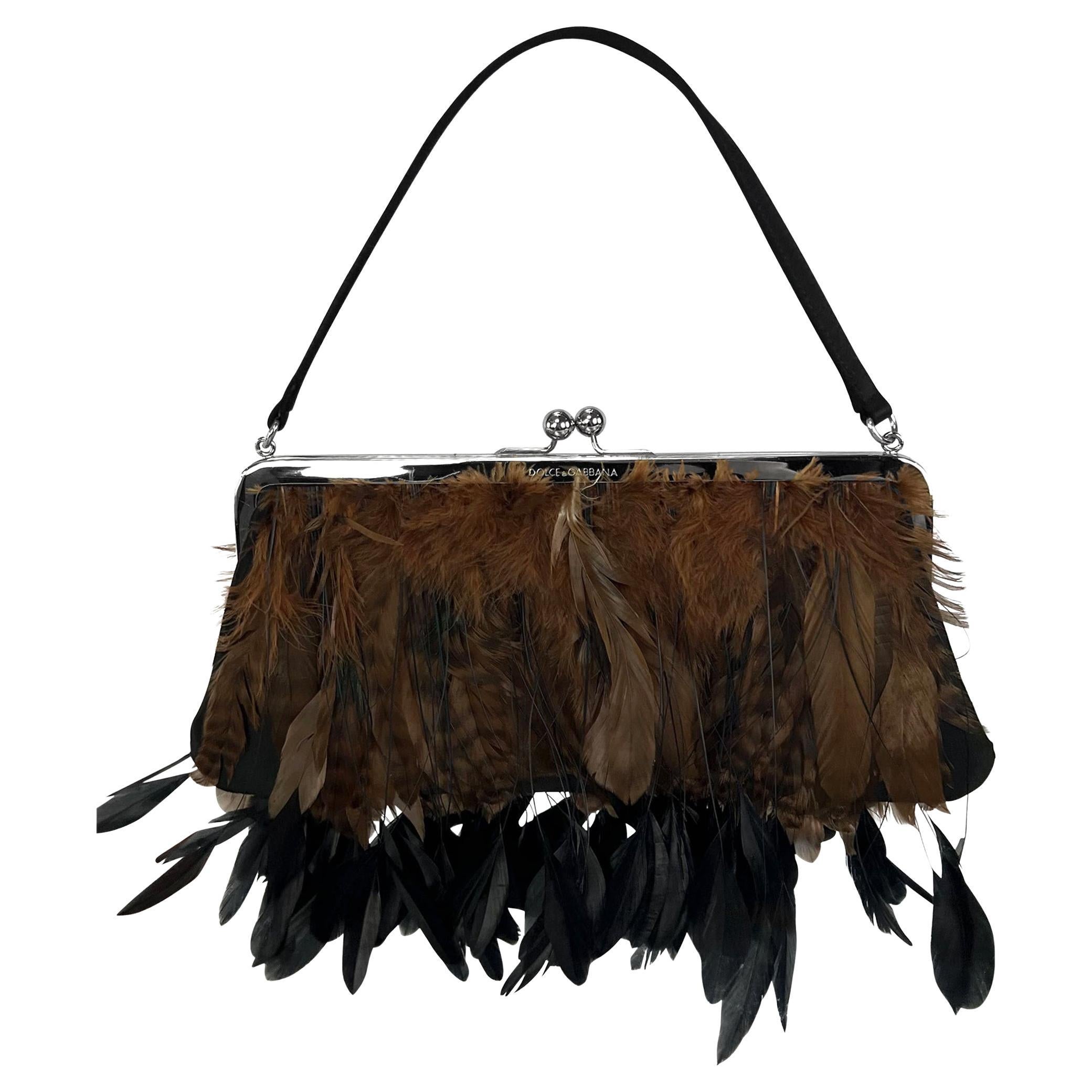 F/W 1997 Dolce & Gabbana Runway Brown Black Feather Satin Kisslock Evening Bag For Sale