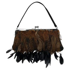 F/W 1997 Dolce & Gabbana Runway Brown Black Feather Satin Kisslock Evening Bag
